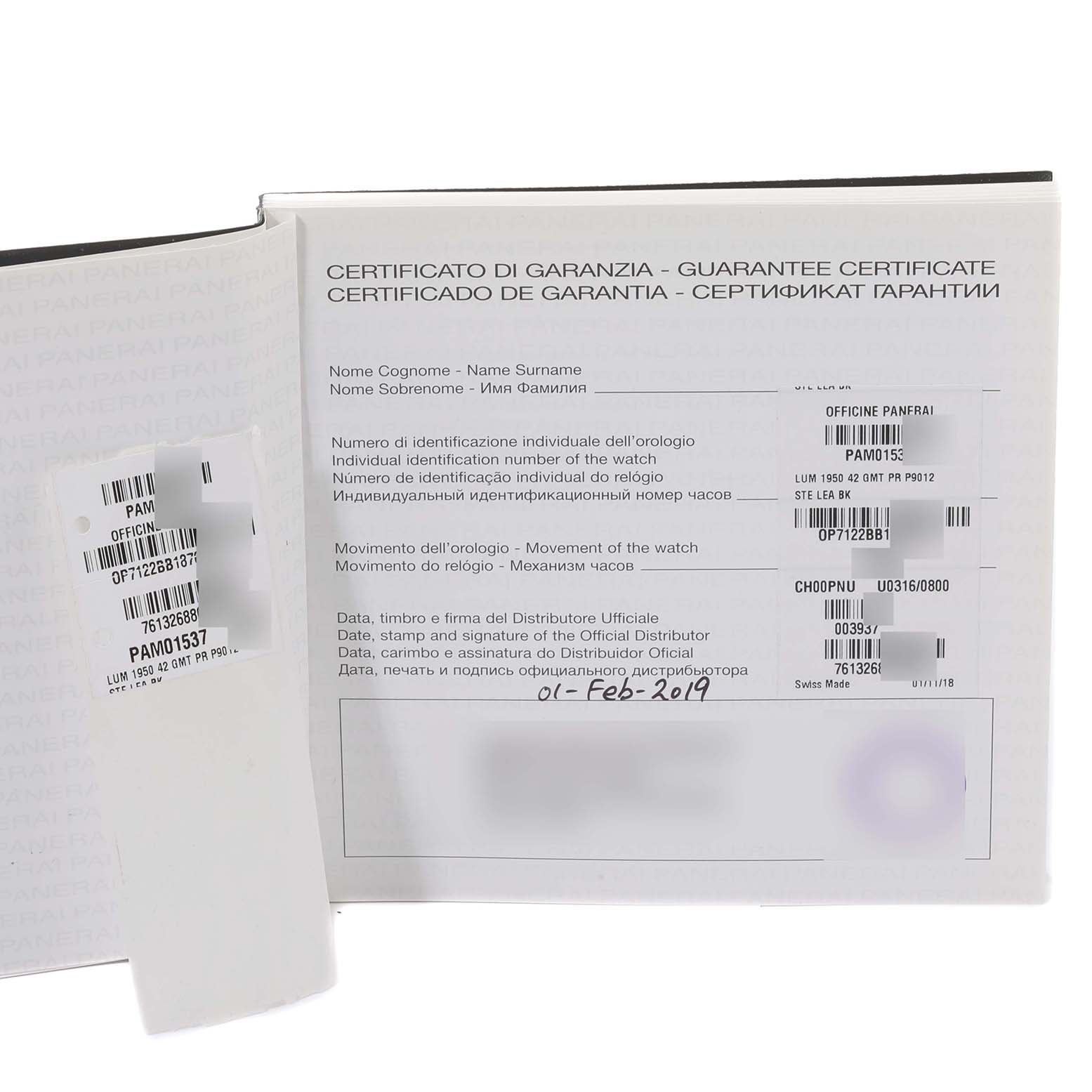 The image shows a guarantee certificate and identification details for a Panerai Luminor PAM01537 Men's Stainless Steel Black Dial PAM01537 Men's Stainless Steel Black Dial watch model.