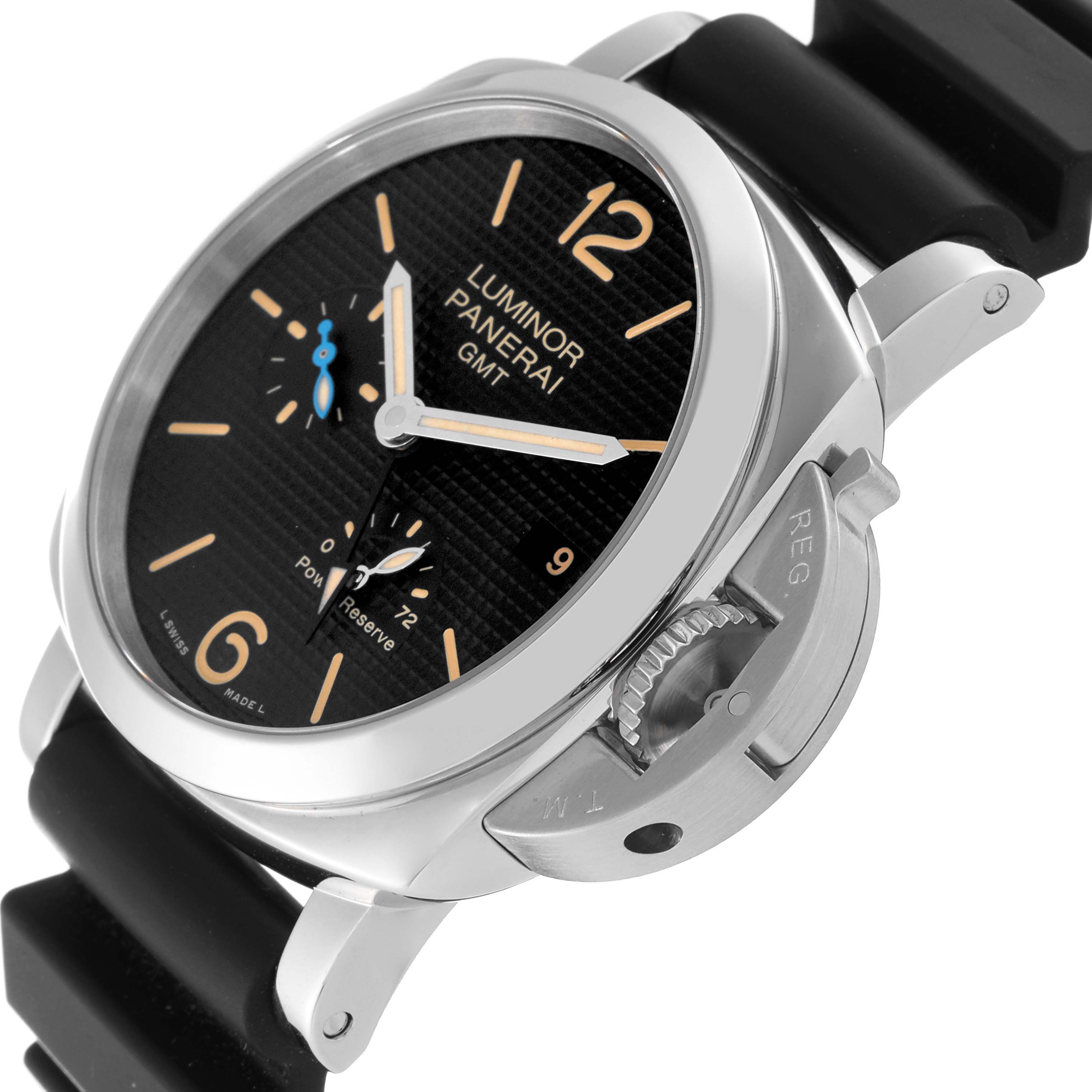 The image shows a side and face angle of the Panerai Luminor PAM01537 Men's Stainless Steel Black Dial PAM01537 Men's Stainless Steel Black Dial watch, highlighting the crown and dial details.