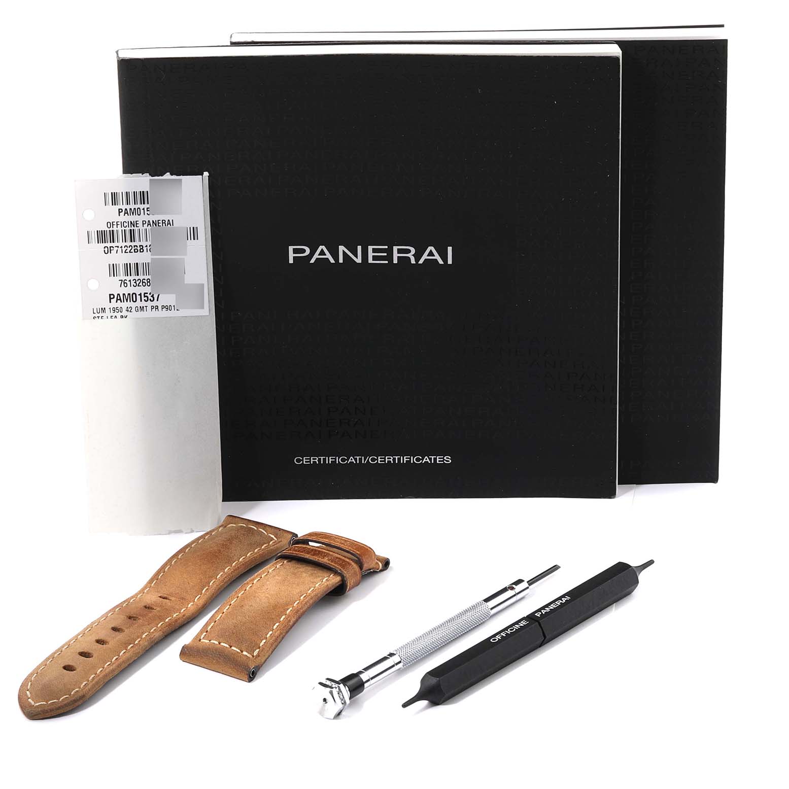 The image shows a Panerai Luminor PAM01537 Men's Stainless Steel Black Dial PAM01537 Men's Stainless Steel Black Dial watch strap set, tools, and certificates from a top-down angle.
