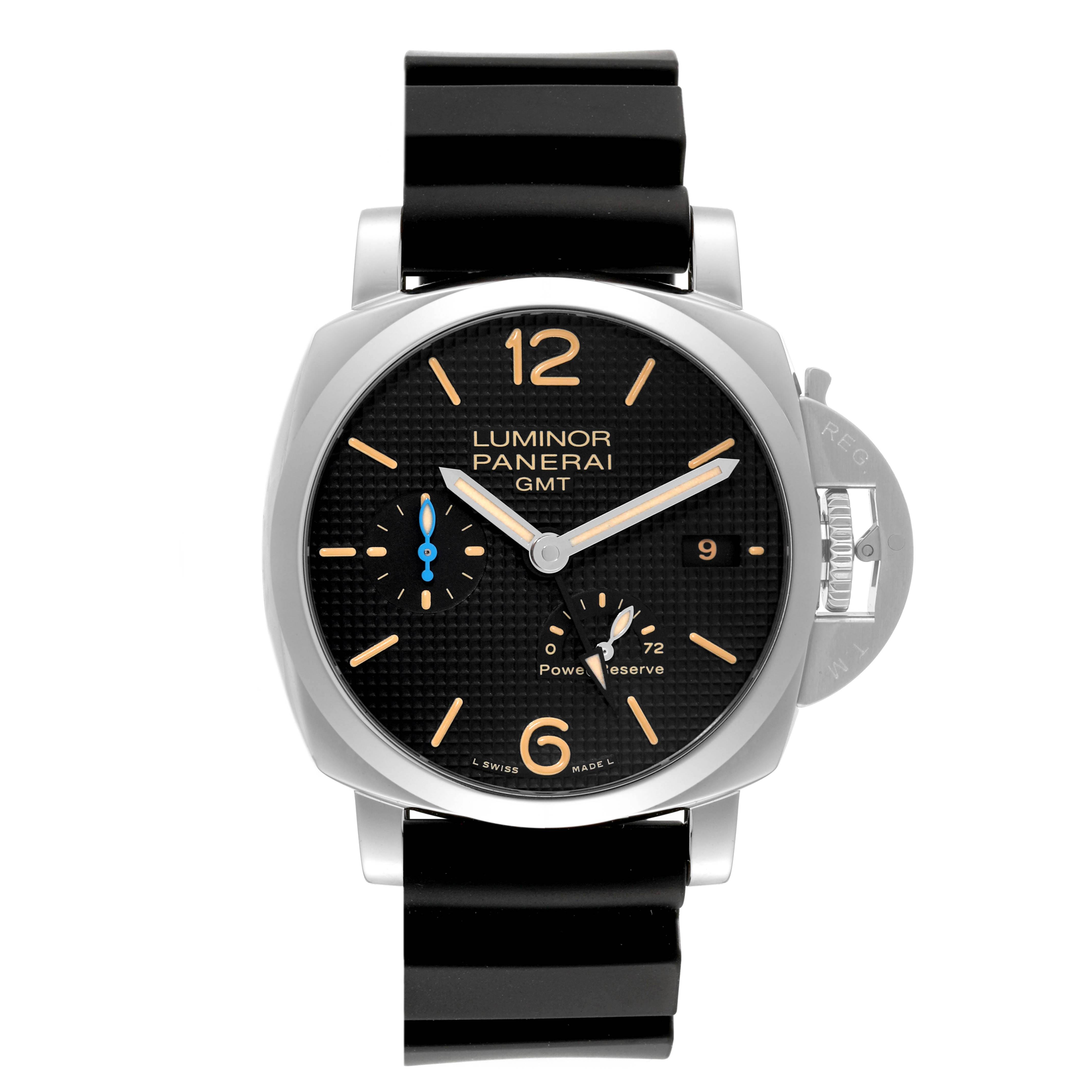 This Panerai Luminor PAM01537 Men's Stainless Steel Black Dial PAM01537 Men's Stainless Steel Black Dial model watch is shown from the front, displaying the dial, hands, crown, and strap.