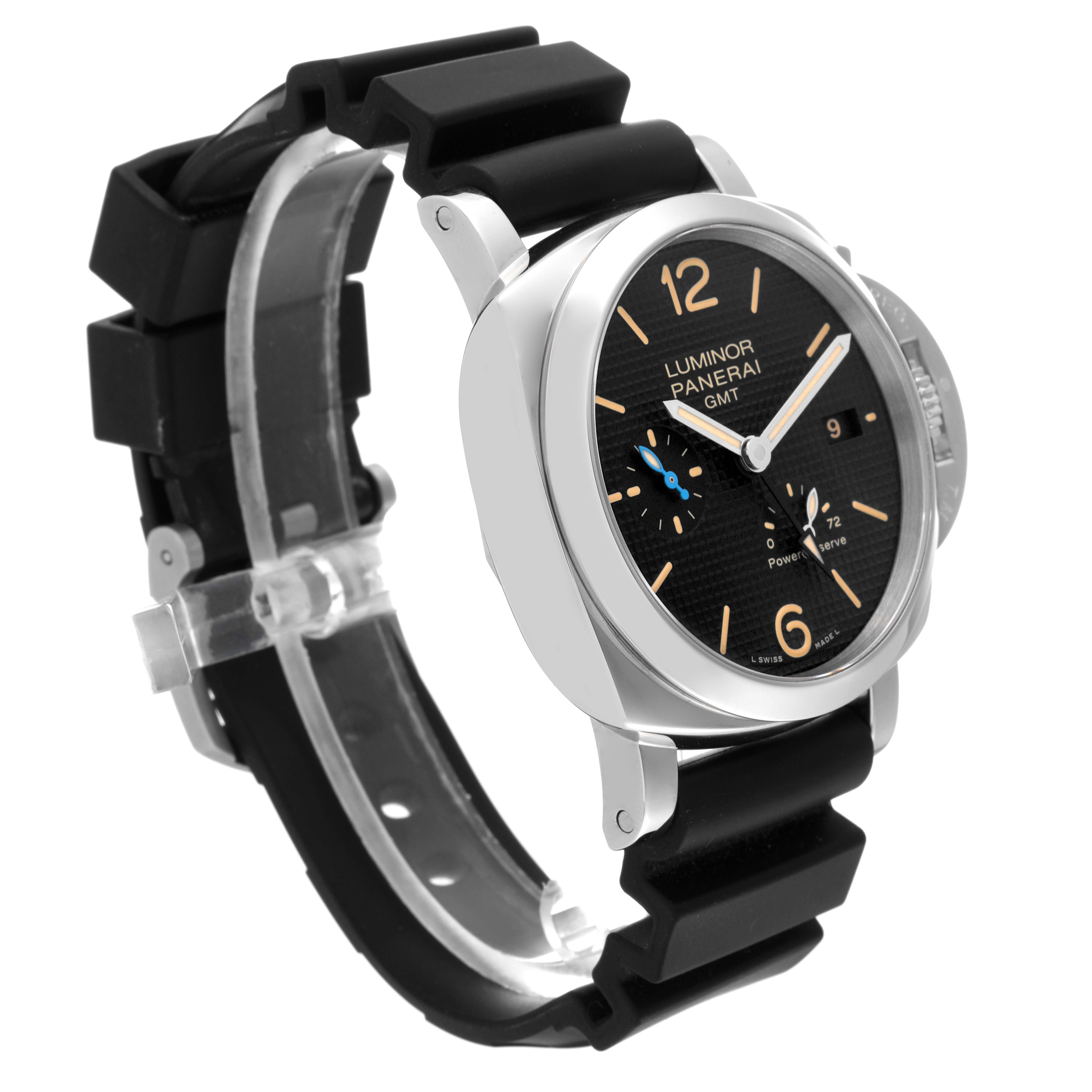 The image shows a Panerai Luminor PAM01537 Men's Stainless Steel Black Dial PAM01537 Men's Stainless Steel Black Dial watch at a slight side angle, highlighting the black dial, rubber strap, and crown guard.