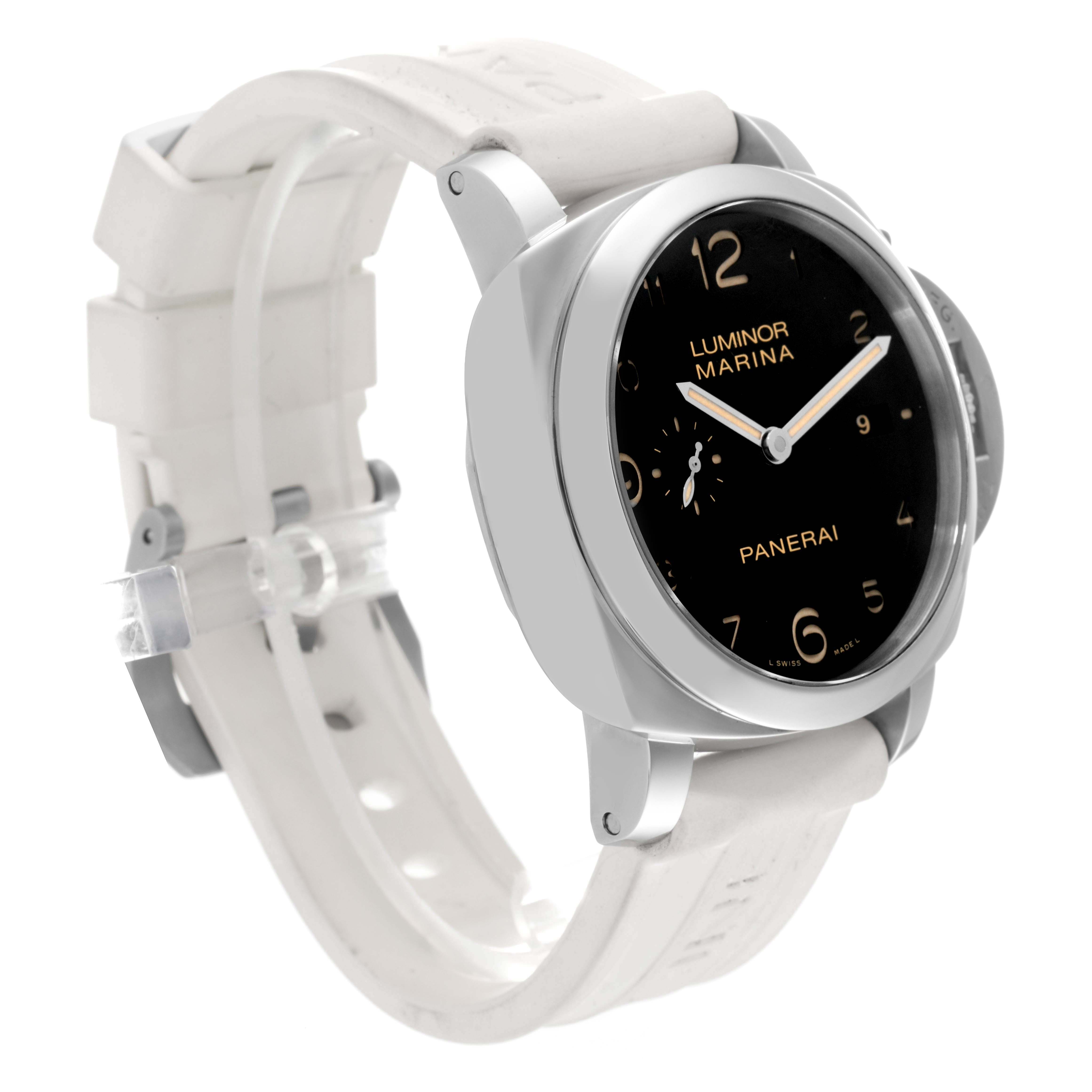 The image shows a side angle view of a Panerai Luminor PAM00359 Men's Stainless Steel Black Dial PAM00359 Men's Stainless Steel Black Dial watch with a white strap and black dial.