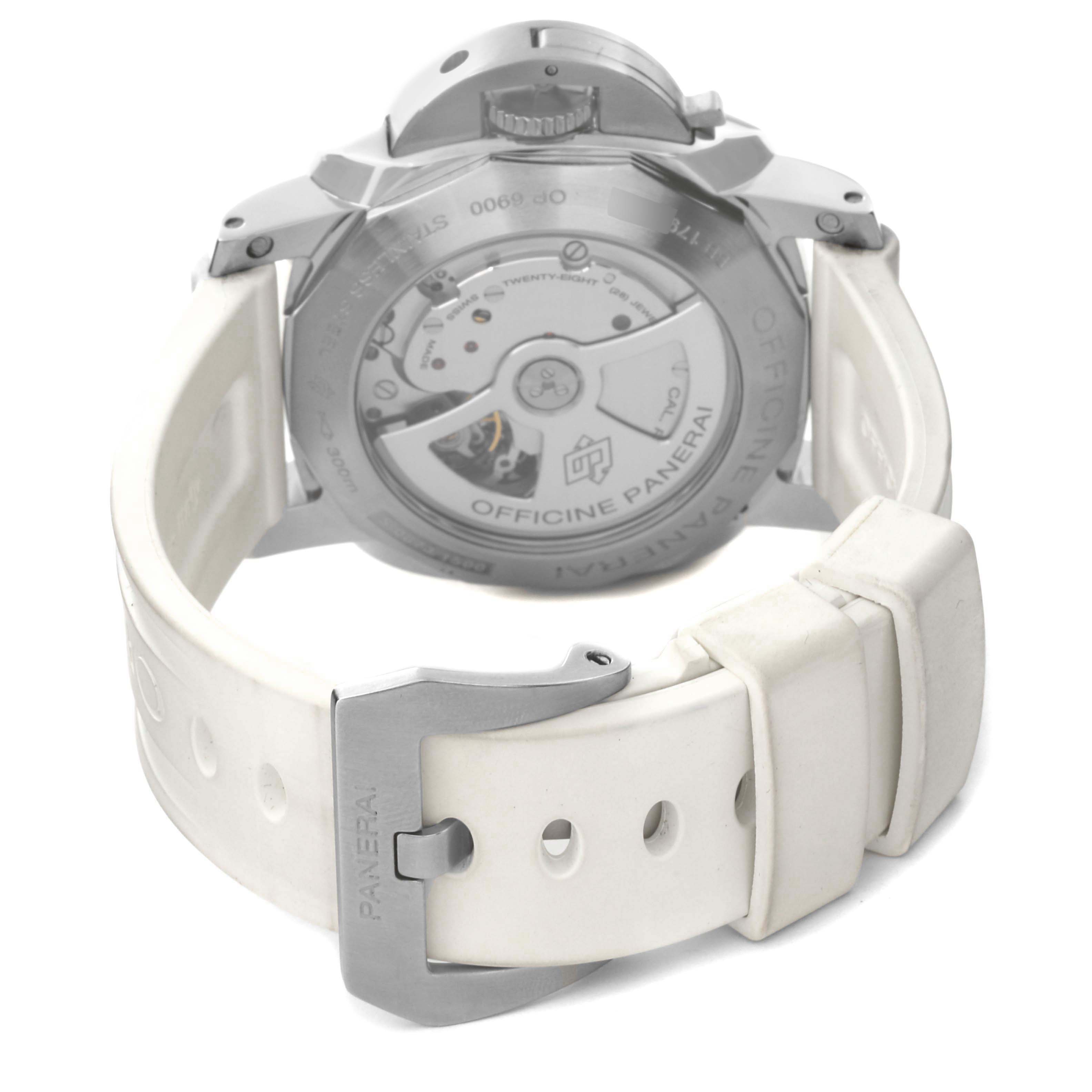 The image shows the back view of a Panerai Luminor PAM00359 Men's Stainless Steel Black Dial PAM00359 Men's Stainless Steel Black Dial watch, highlighting the movement and white strap with a Panerai buckle.