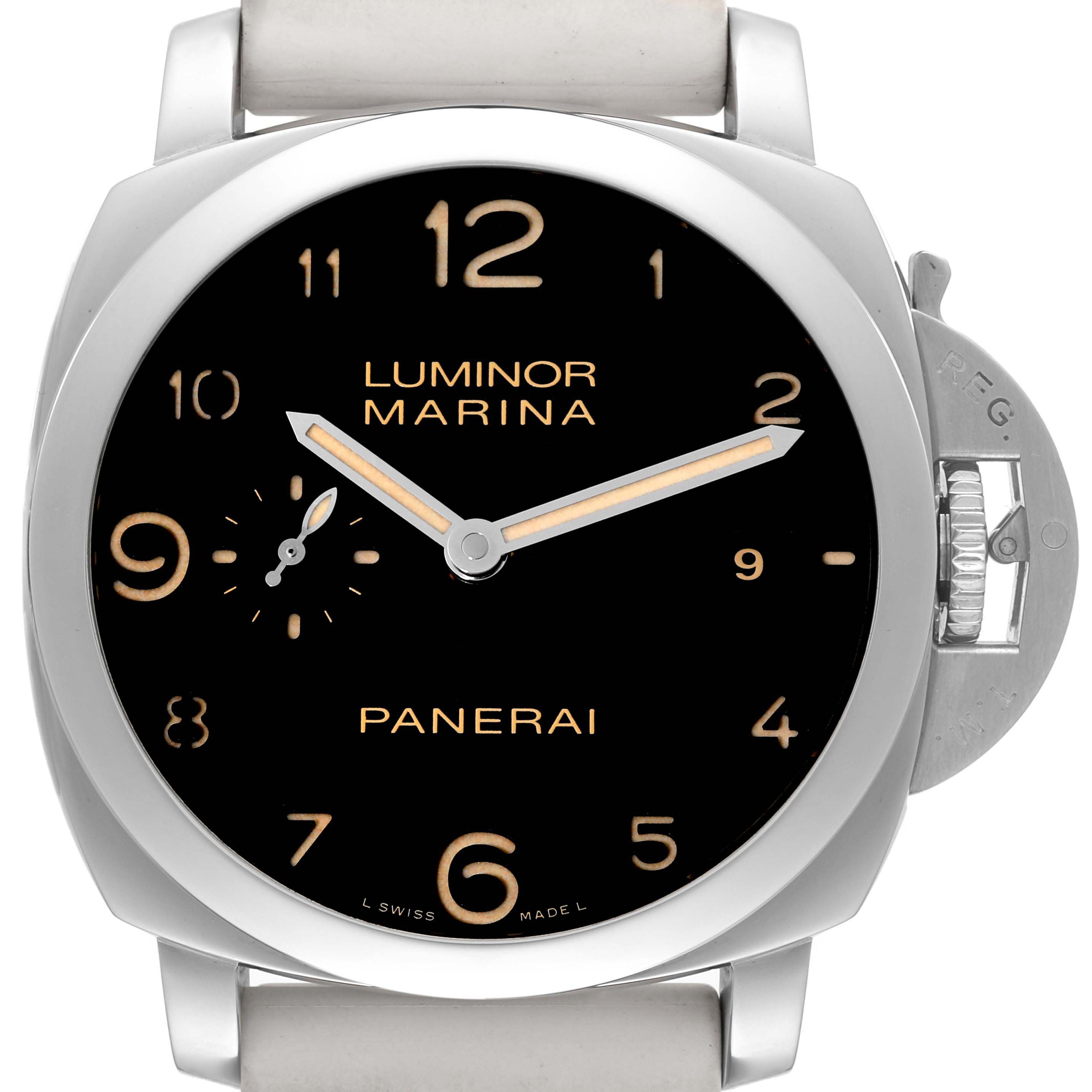 The image shows a front view of a Panerai Luminor PAM00359 Men's Stainless Steel Black Dial PAM00359 Men's Stainless Steel Black Dial Marina watch, highlighting its black dial and distinctive crown guard.