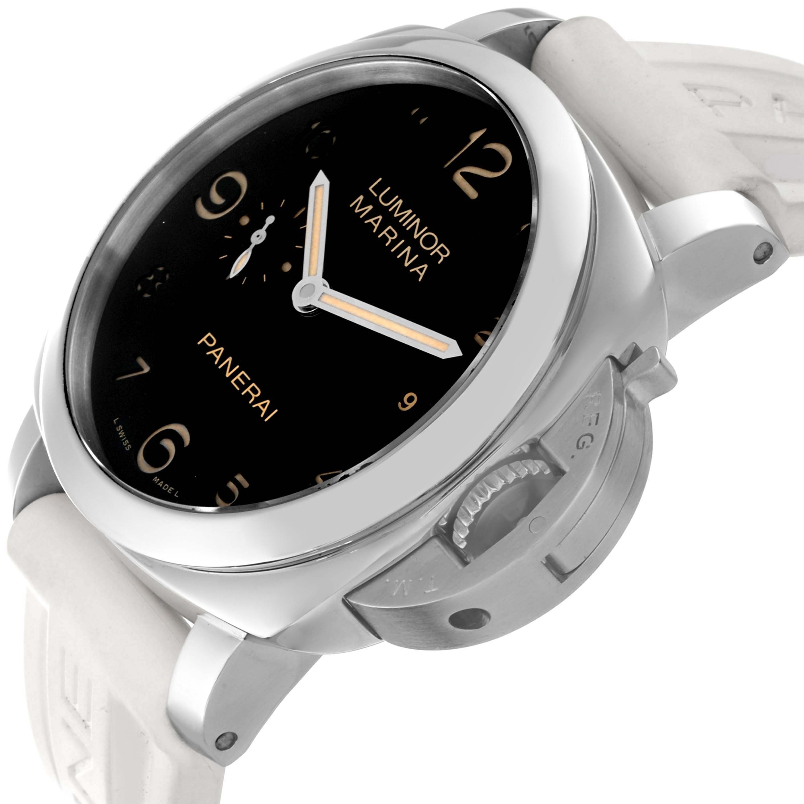 The image shows a close-up angle of the Panerai Luminor PAM00359 Men's Stainless Steel Black Dial PAM00359 Men's Stainless Steel Black Dial Marina watch's dial, casing, and part of the white strap.