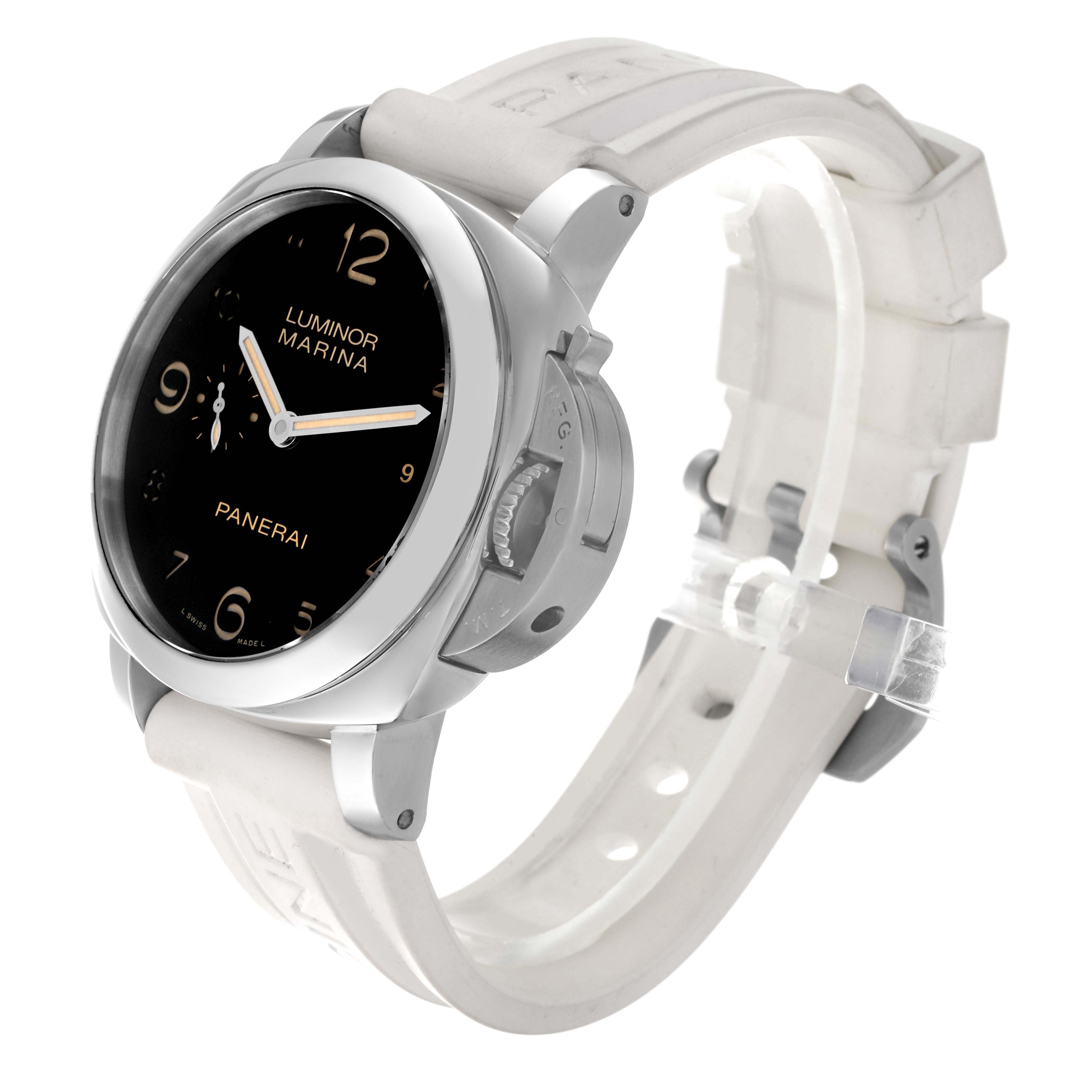 The image shows a Panerai Luminor PAM00359 Men's Stainless Steel Black Dial PAM00359 Men's Stainless Steel Black Dial Marina watch from a three-quarter angle, highlighting its black dial and white rubber strap.