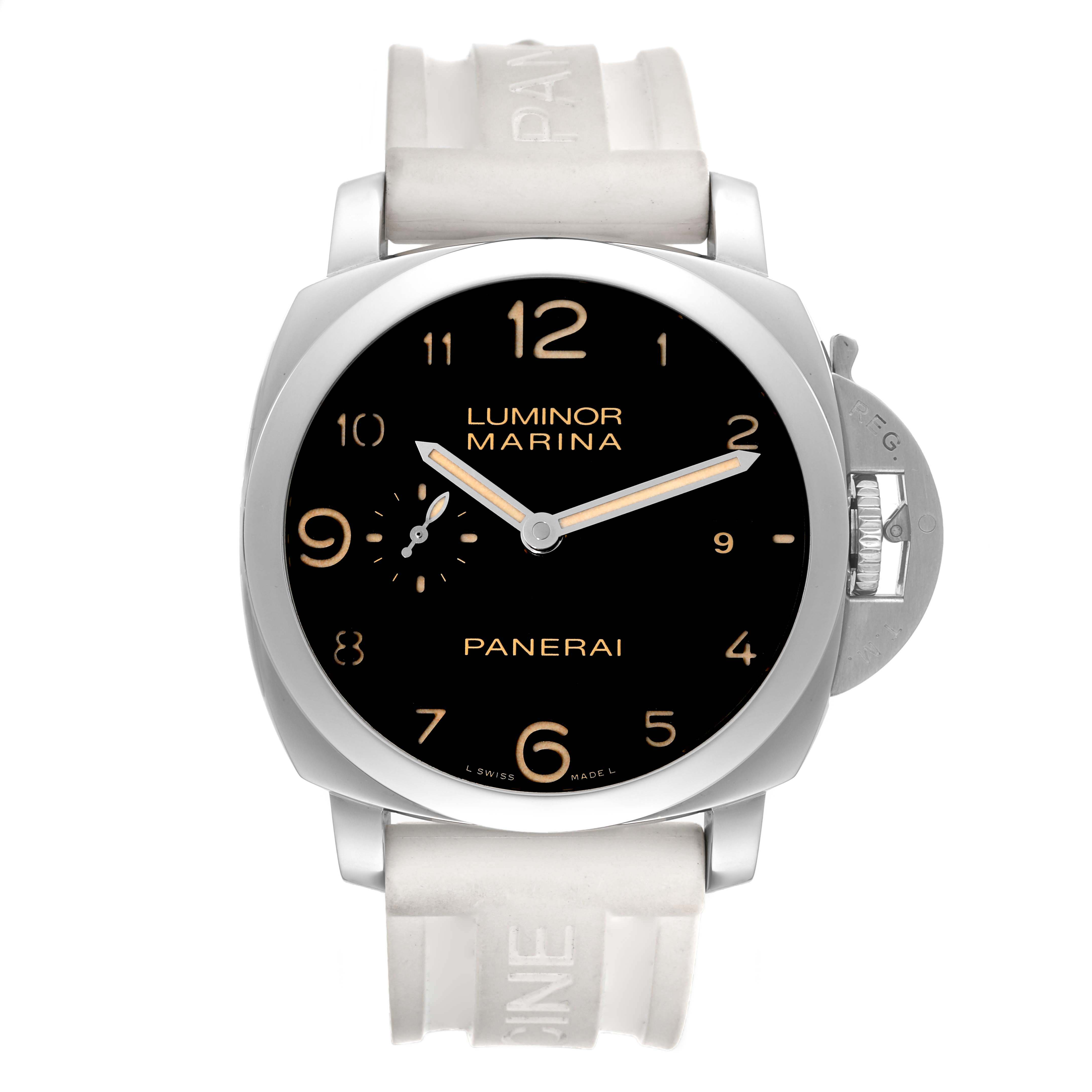 This image shows a front view of a Panerai Luminor PAM00359 Men's Stainless Steel Black Dial PAM00359 Men's Stainless Steel Black Dial Marina watch with a black dial and white strap.