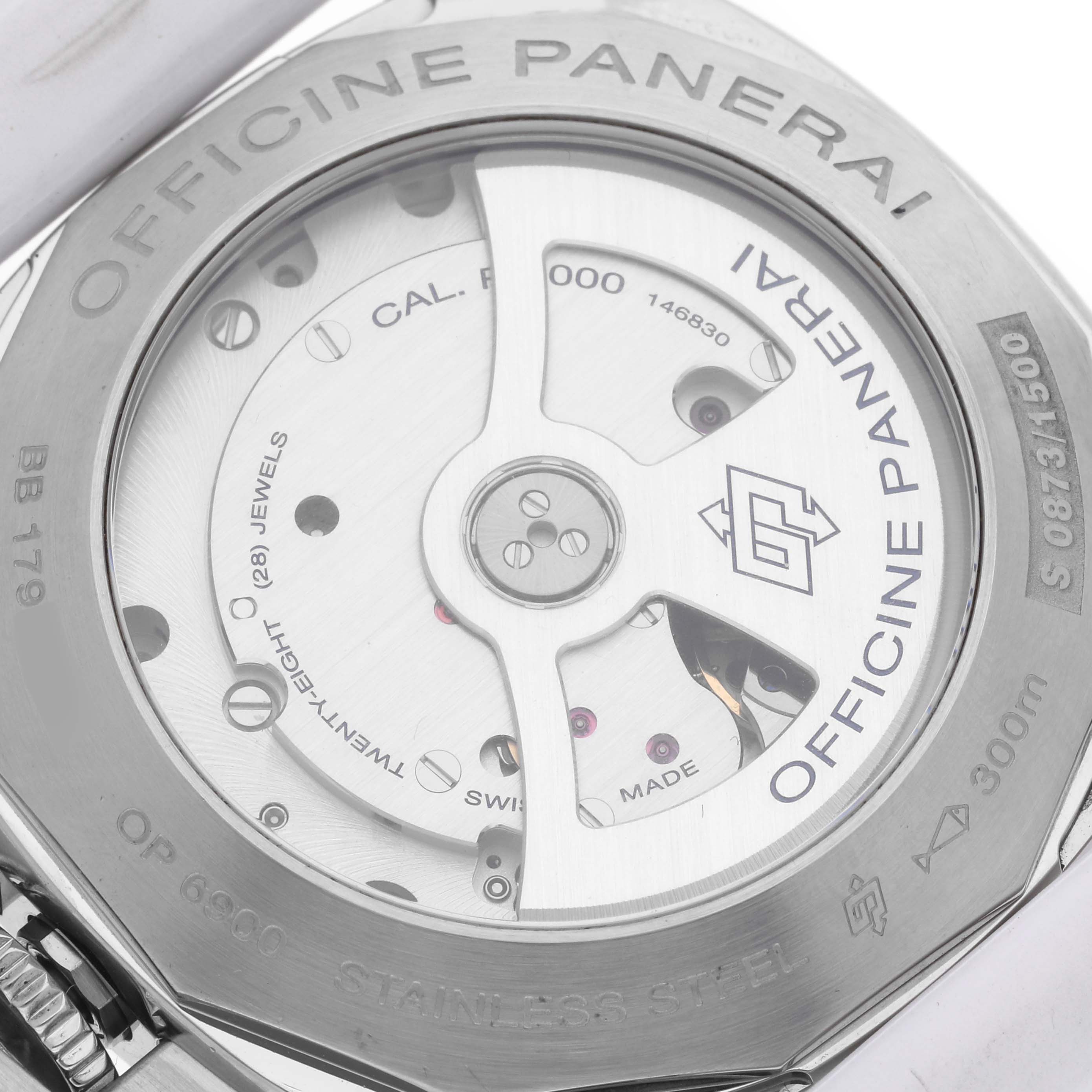 The image shows the back view of a Panerai Luminor PAM00359 Men's Stainless Steel Black Dial PAM00359 Men's Stainless Steel Black Dial watch, highlighting its movement mechanism and inscriptions.