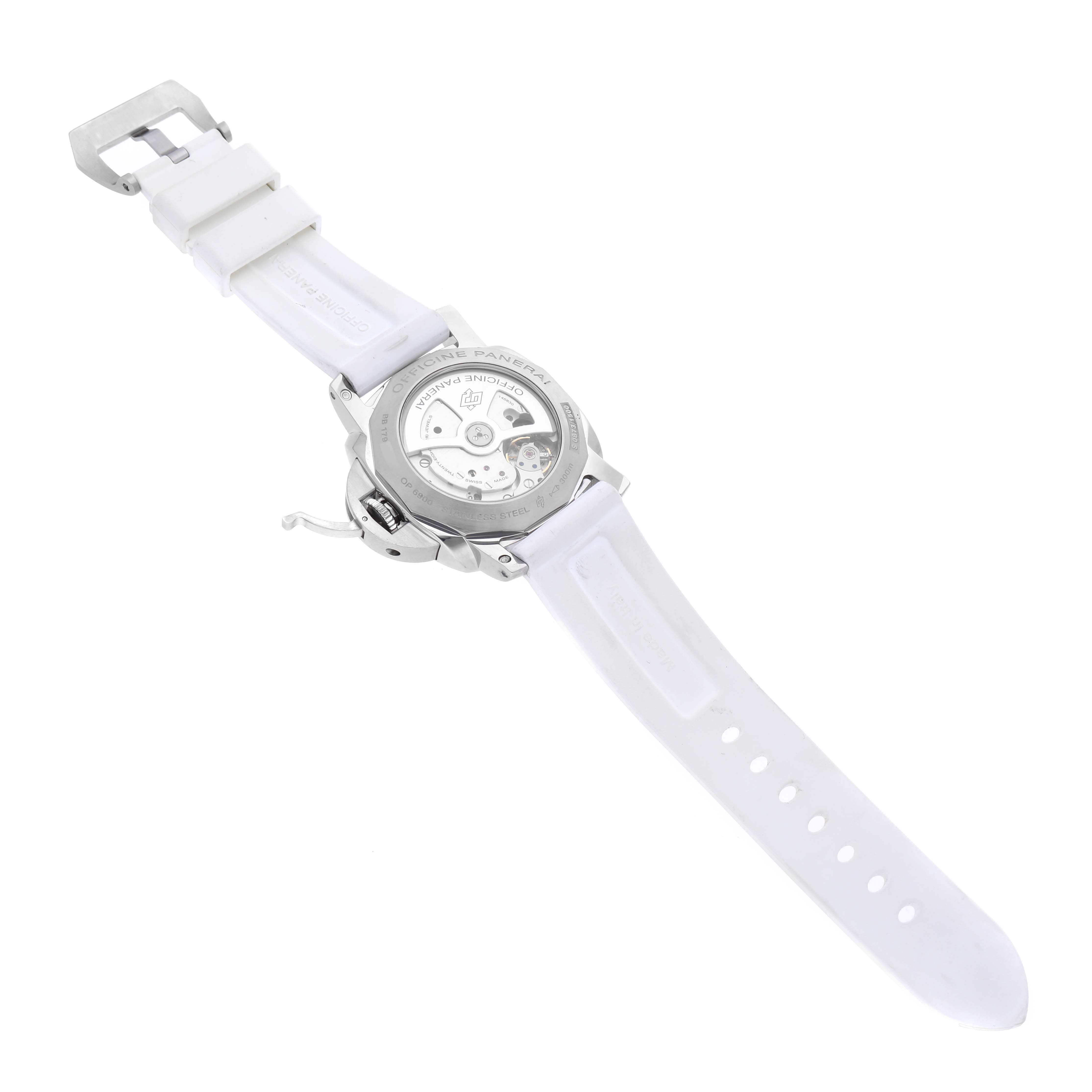 The image shows the back and white strap of a Panerai Luminor PAM00359 Men's Stainless Steel Black Dial PAM00359 Men's Stainless Steel Black Dial watch, highlighting the mechanical movement.