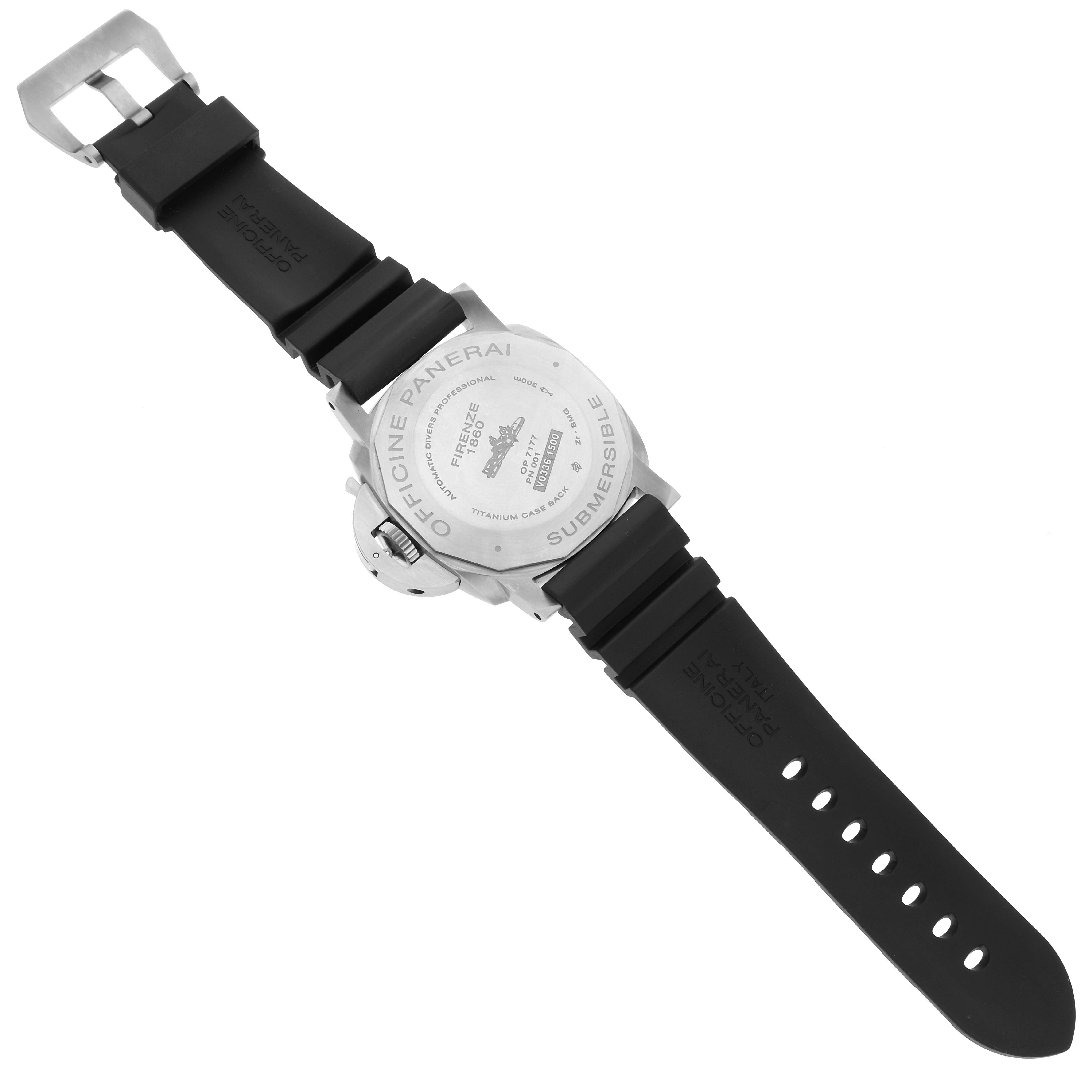 The image shows the back and strap of a Panerai Submersible PAM00799 Mens Titanium Black Dial watch, displaying its case back and black rubber strap.