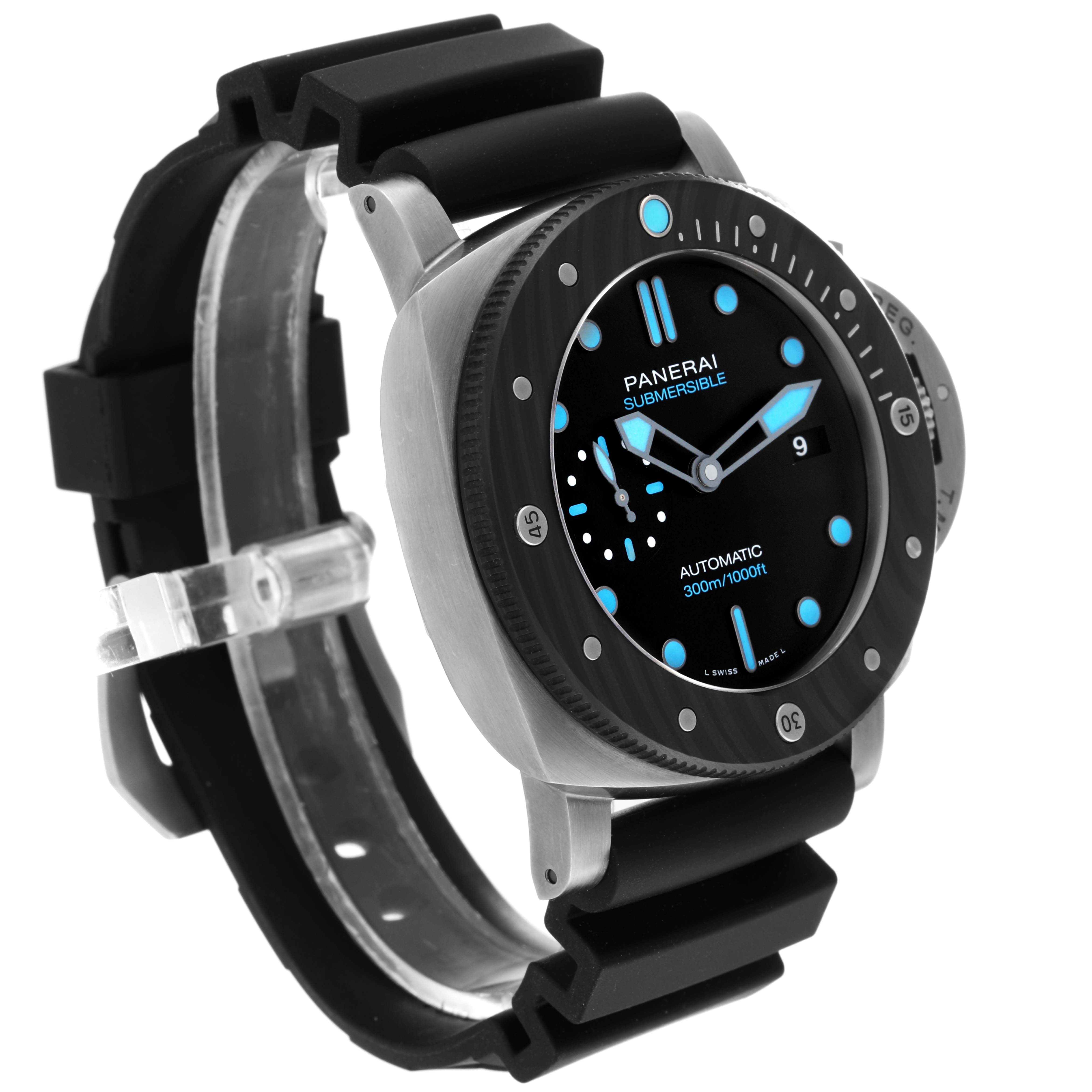 The Panerai Submersible PAM00799 Mens Titanium Black Dial watch is shown at a slight angle, highlighting the face, bezel, and black rubber strap.