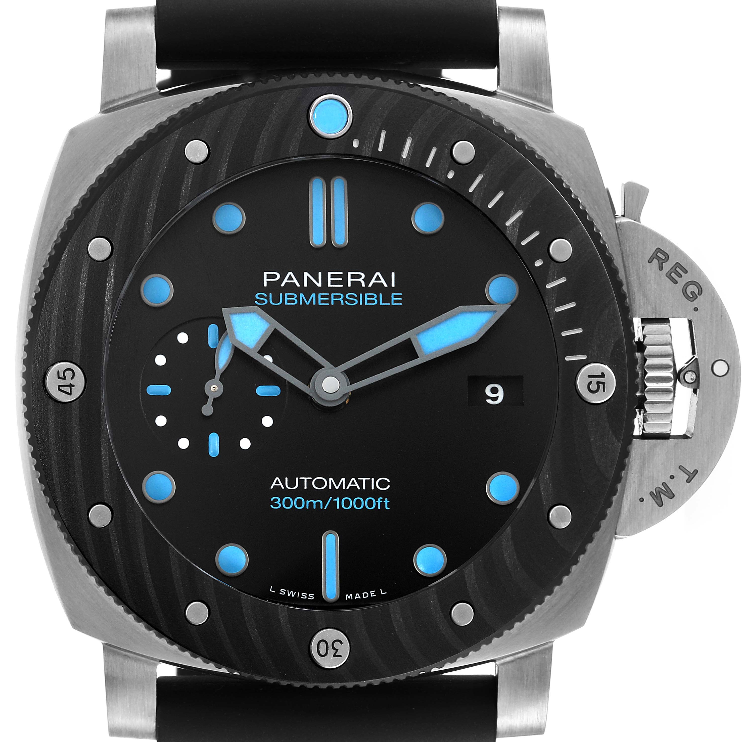 The Panerai Submersible PAM00799 Mens Titanium Black Dial watch is shown from a front angle, displaying the face, bezel, crown guard, and strap attachment.