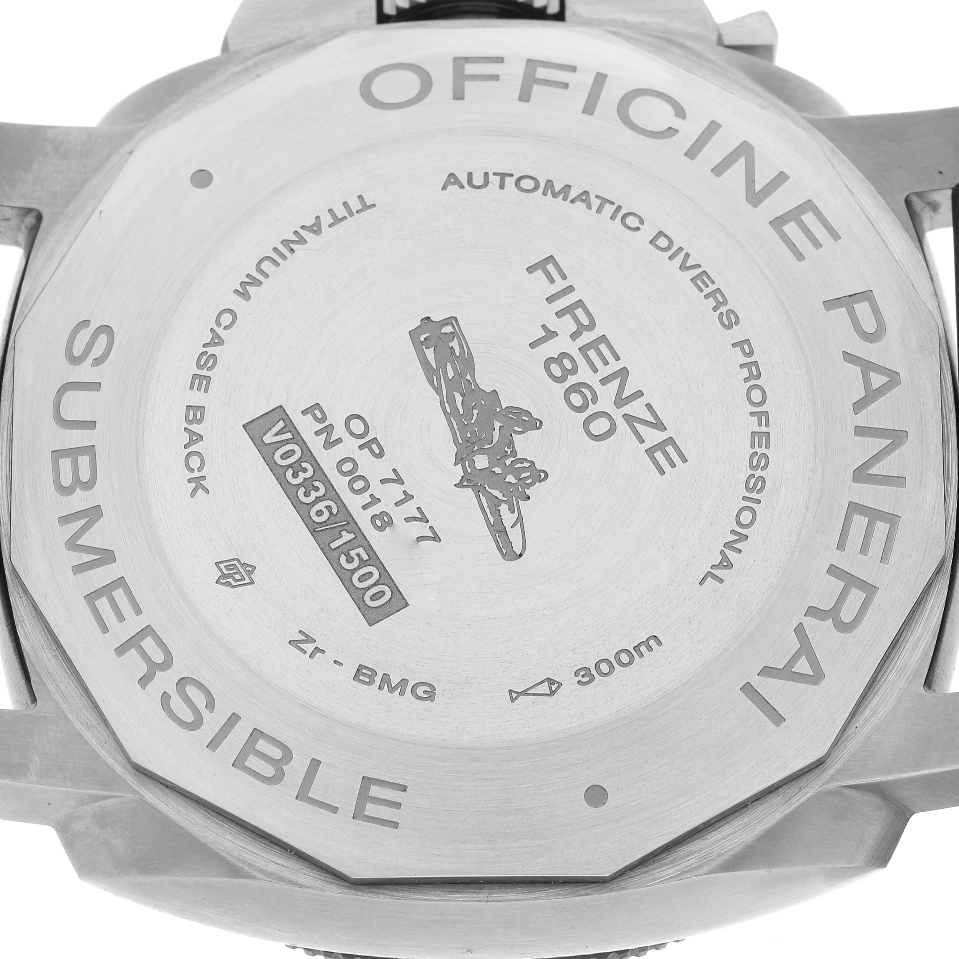 The image shows the back of a Panerai Submersible PAM00799 Mens Titanium Black Dial watch, highlighting engravings and specifications.