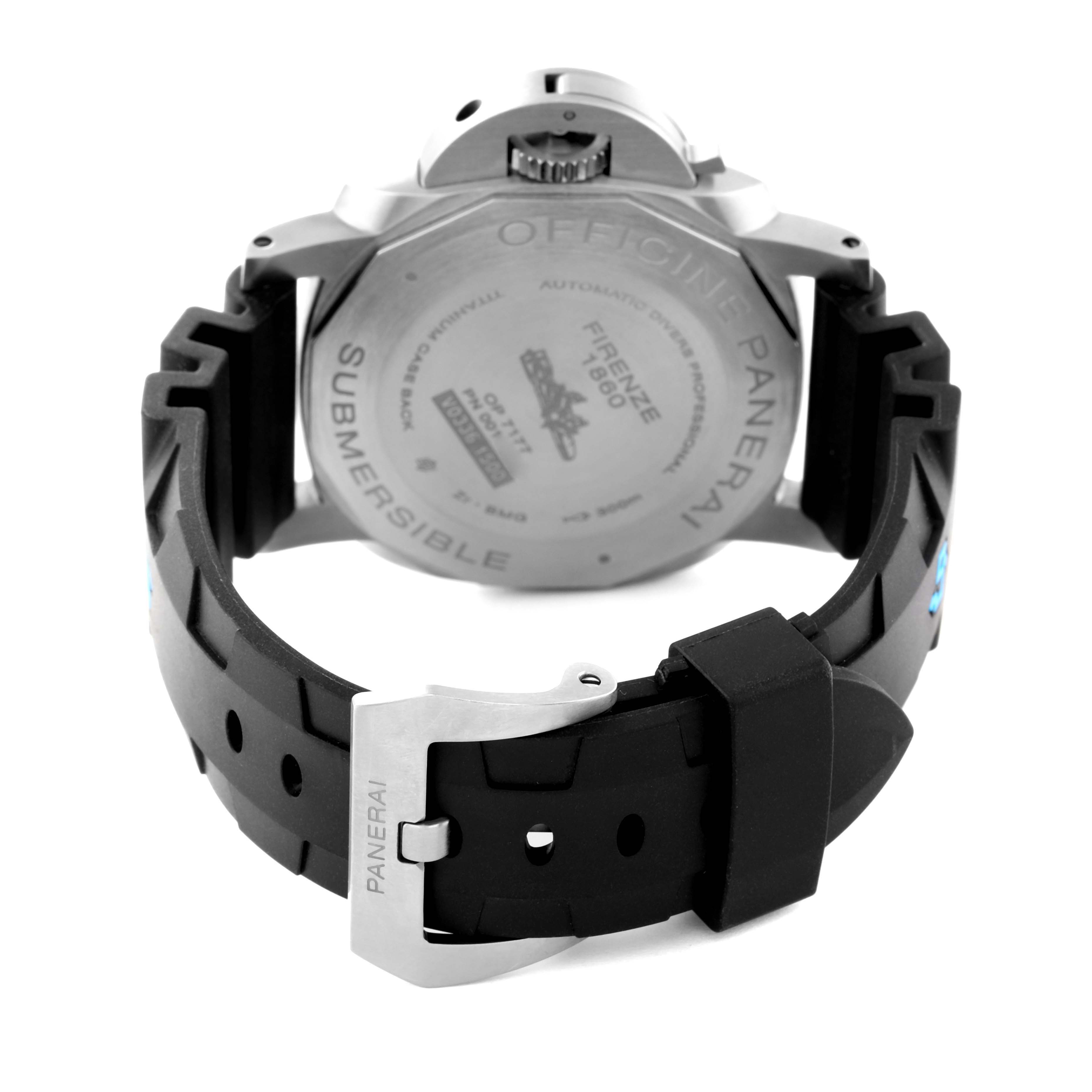 The image shows the backside of the Panerai Submersible PAM00799 Mens Titanium Black Dial watch, highlighting the case back, strap, and buckle.