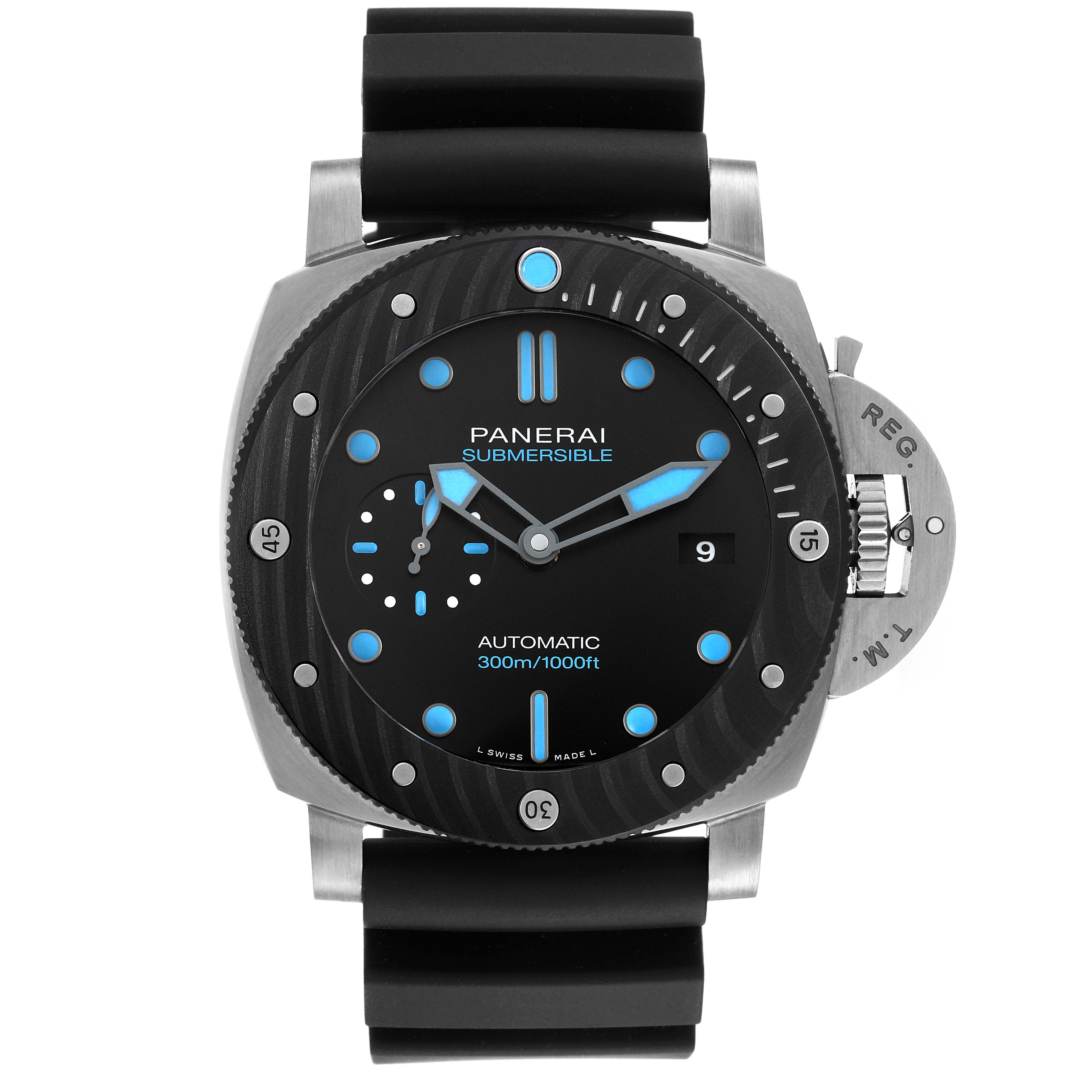 The Panerai Submersible PAM00799 Mens Titanium Black Dial watch is shown in a front-facing angle, highlighting the dial, bezel, and crown.