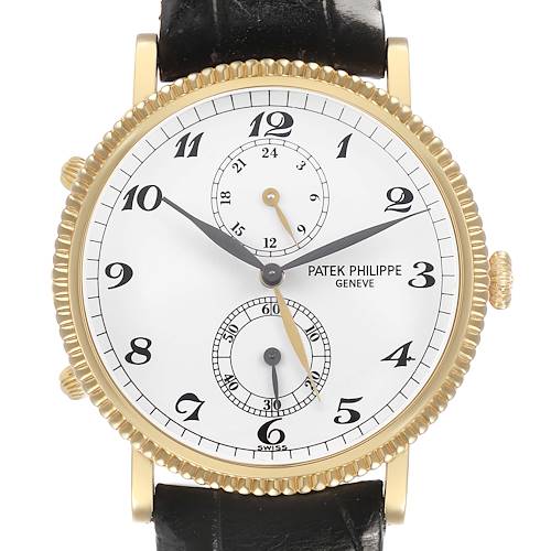 The Patek Philippe Calatrava 5034J - 001 Men's Yellow Gold White Dial watch is shown from the front, highlighting its dial, bezel, crown, and leather strap.