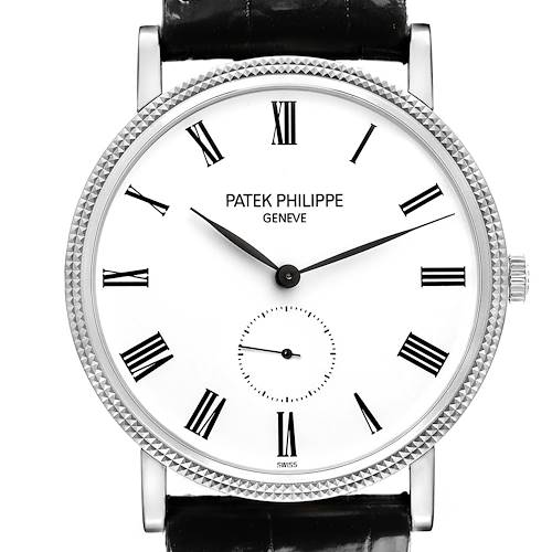 The Patek Philippe Calatrava 5119G-001 Men's White Gold White Dial watch is shown from the front, displaying the face, hands, and a portion of the bezel and strap.