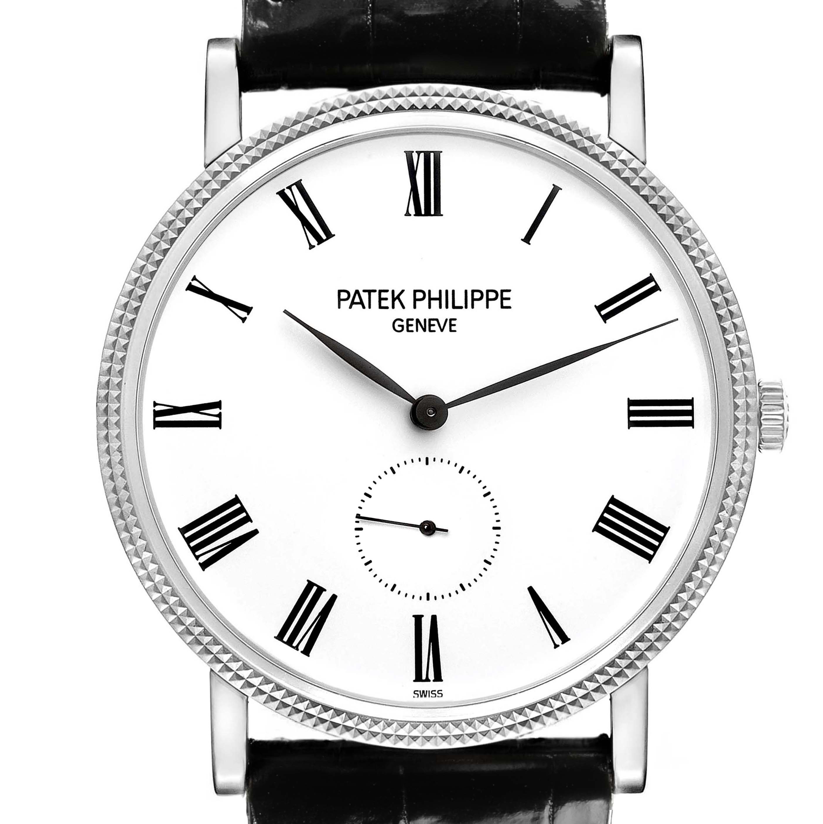 The Patek Philippe Calatrava 5119G-001 Men's White Gold White Dial watch is shown from a front angle, featuring its dial, Roman numerals, hands, and textured bezel.
