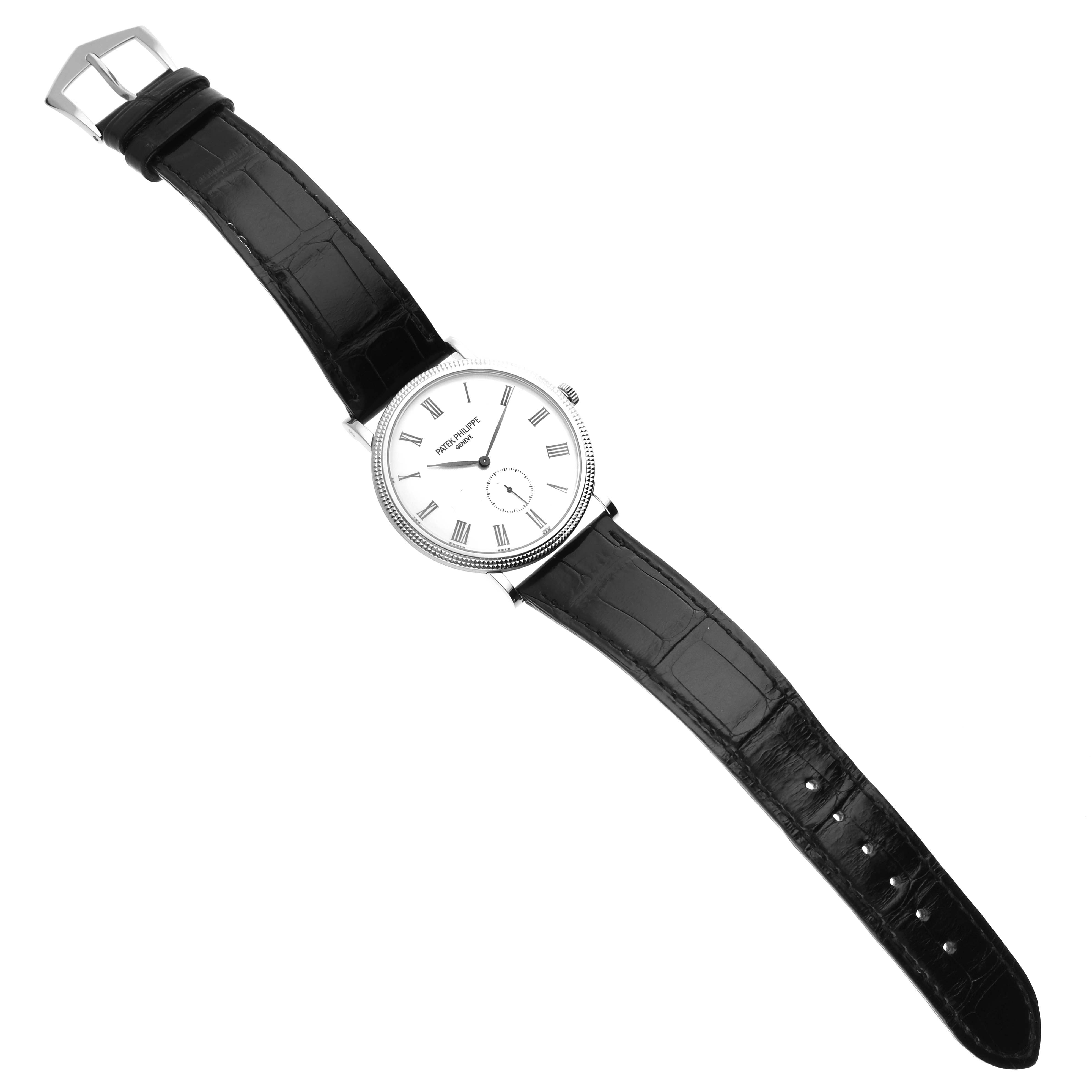 The Patek Philippe Calatrava 5119G-001 Men's White Gold White Dial watch is shown from a top-down angle, fully displaying the face, strap, and buckle.