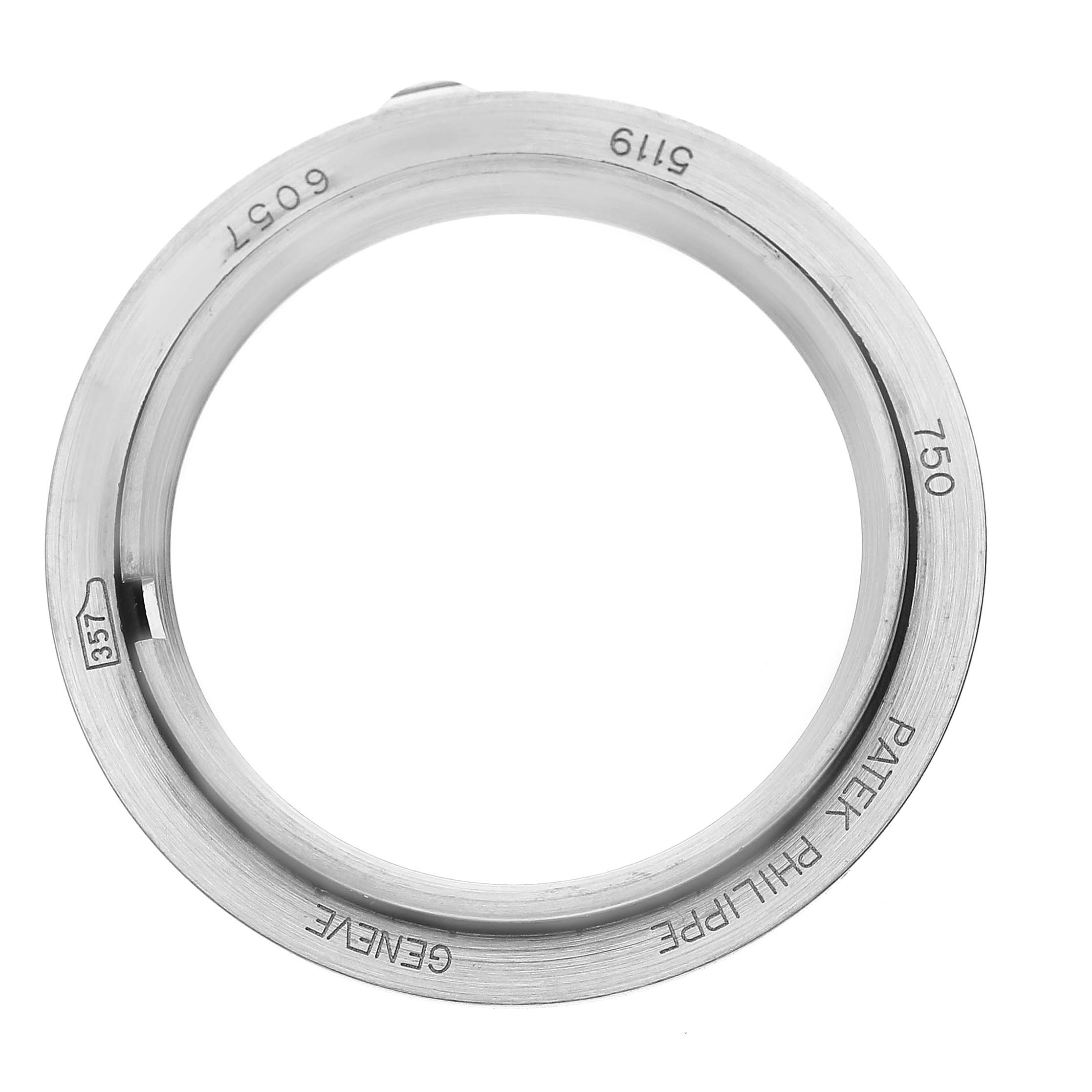 The image shows a front view of the bezel component of a Patek Philippe Calatrava 5119G-001 Men's White Gold White Dial watch.