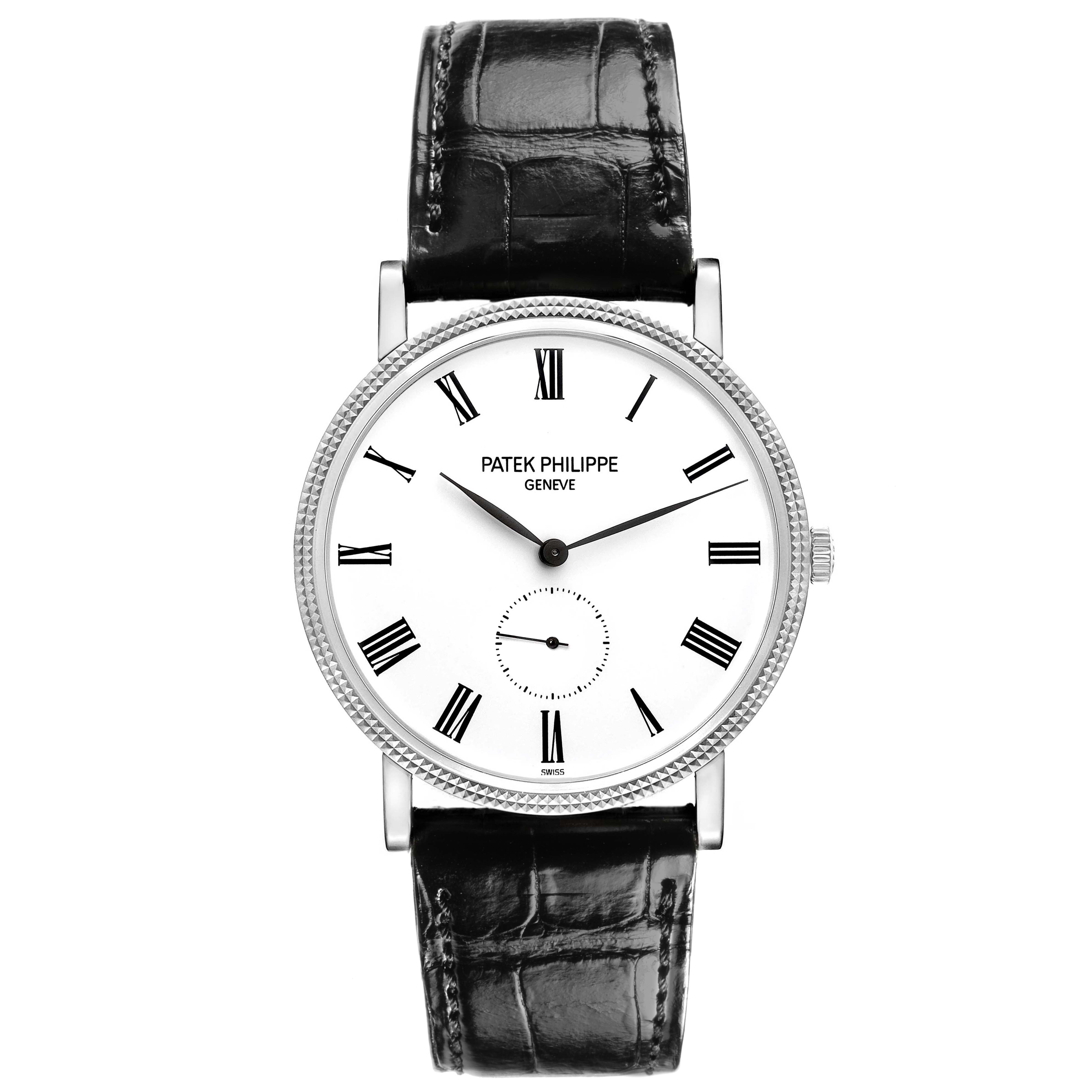 The Patek Philippe Calatrava 5119G-001 Men's White Gold White Dial watch is shown from a front view, displaying its dial, case, and leather strap.