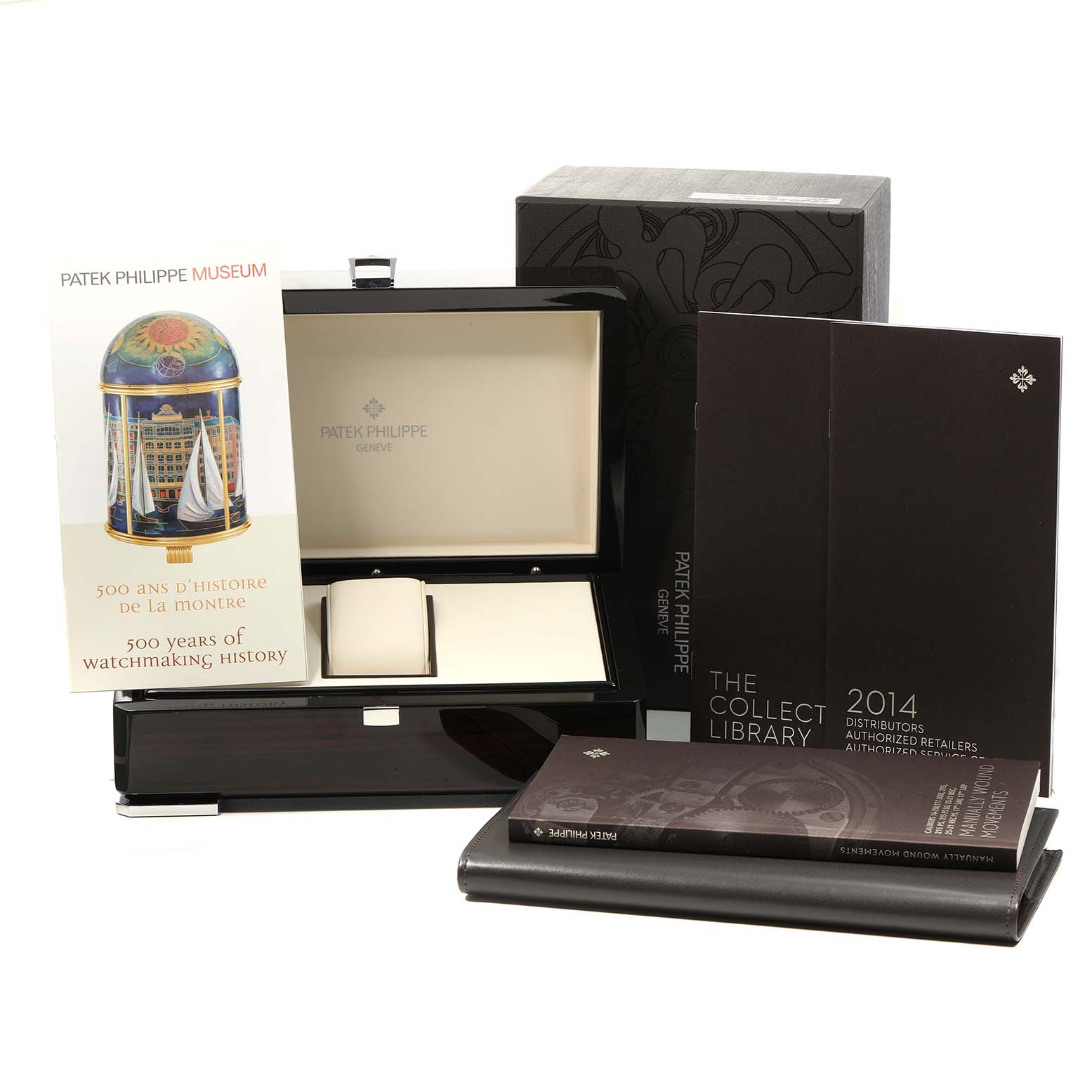 The image shows a Patek Philippe Calatrava 5119G-001 Men's White Gold White Dial watch box, booklet, and certificate from a frontal angle.