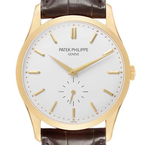The Patek Philippe Calatrava 5196J Men's Yellow Gold Silver Dial watch is shown from the front, highlighting the dial, markers, hands, and leather strap.