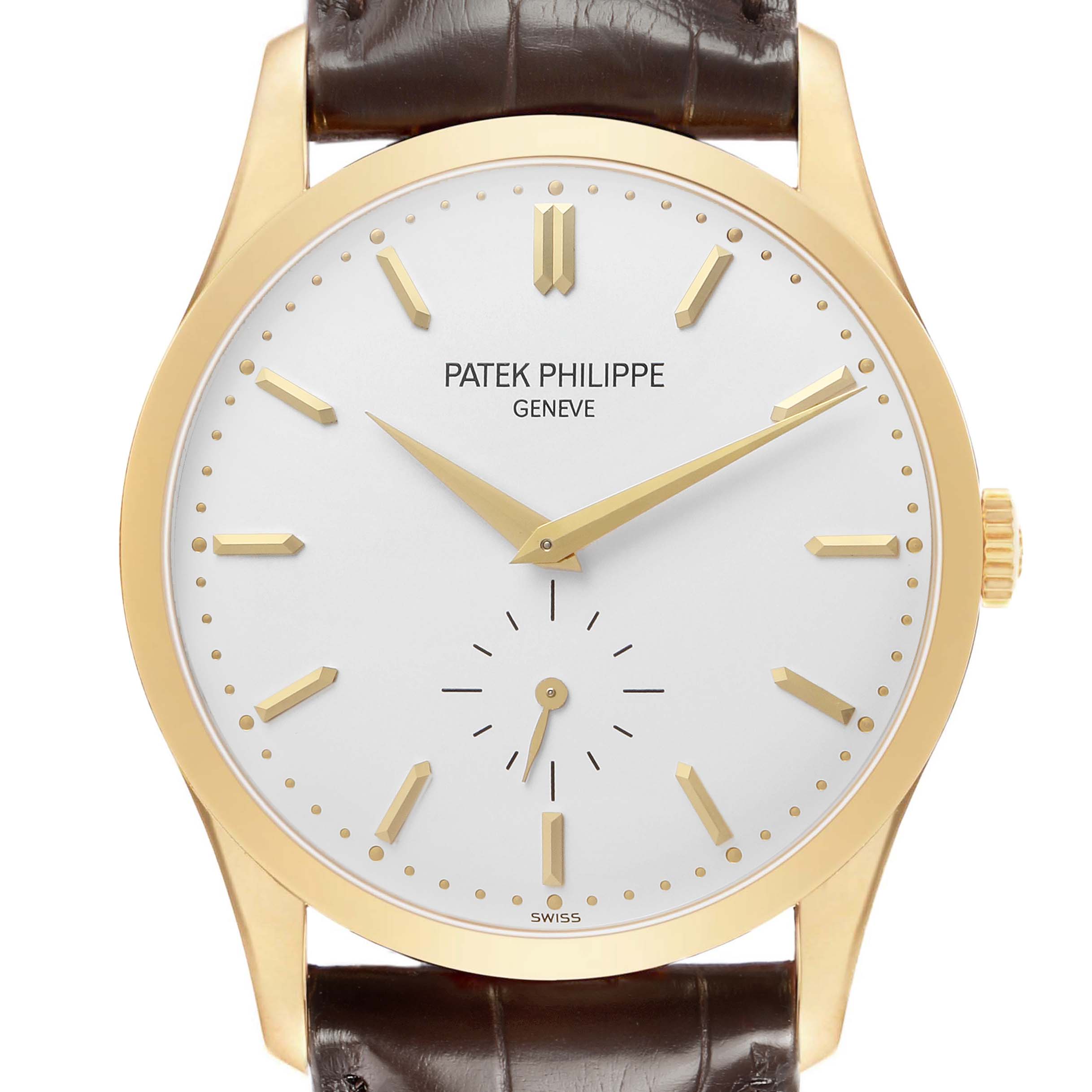 The Patek Philippe Calatrava 5196J Men's Yellow Gold Silver Dial watch is shown from the front, displaying its dial, hands, crown, and part of the leather strap.