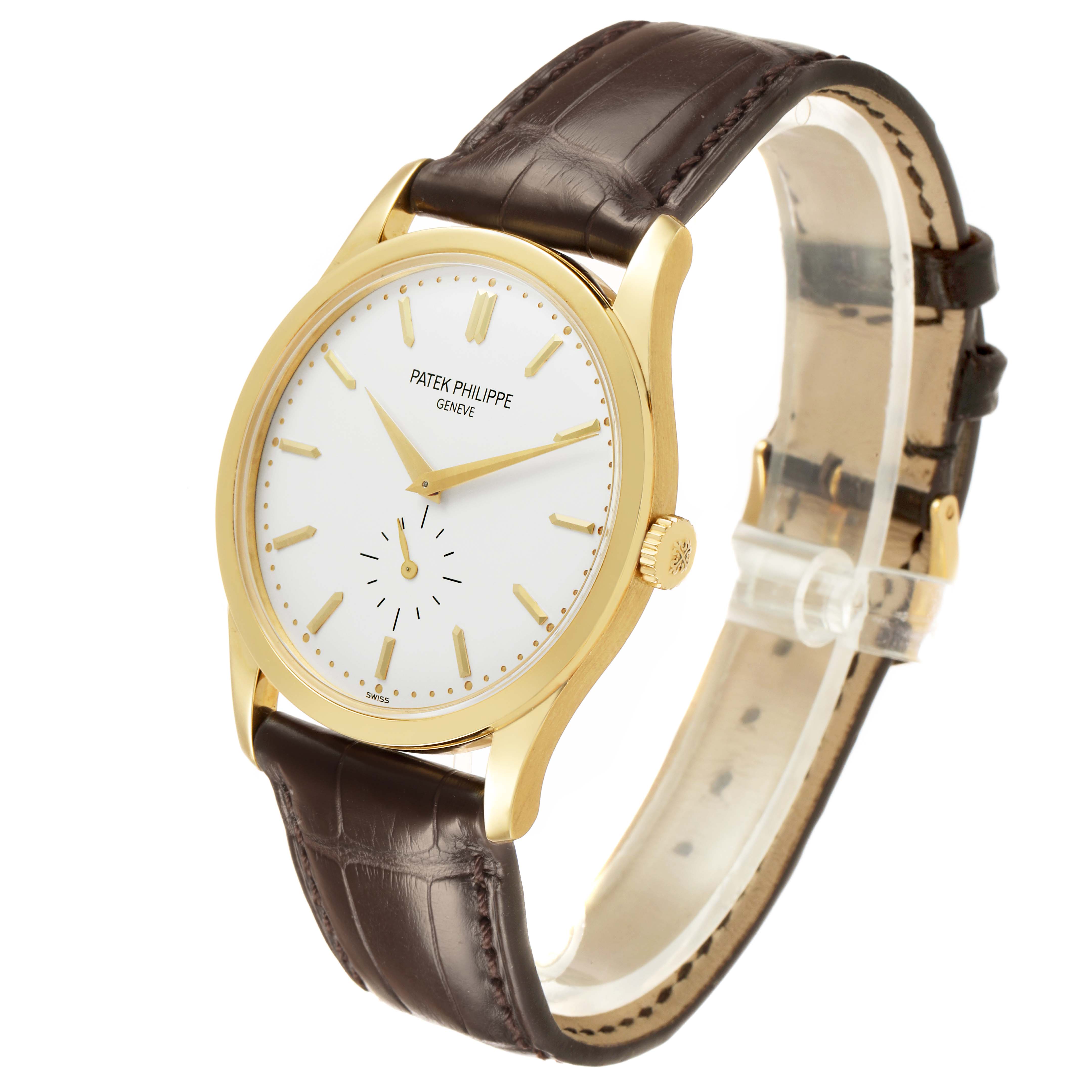 The Patek Philippe Calatrava 5196J Men's Yellow Gold Silver Dial watch is shown at a slight angle, highlighting the gold case, white dial, and brown leather strap.