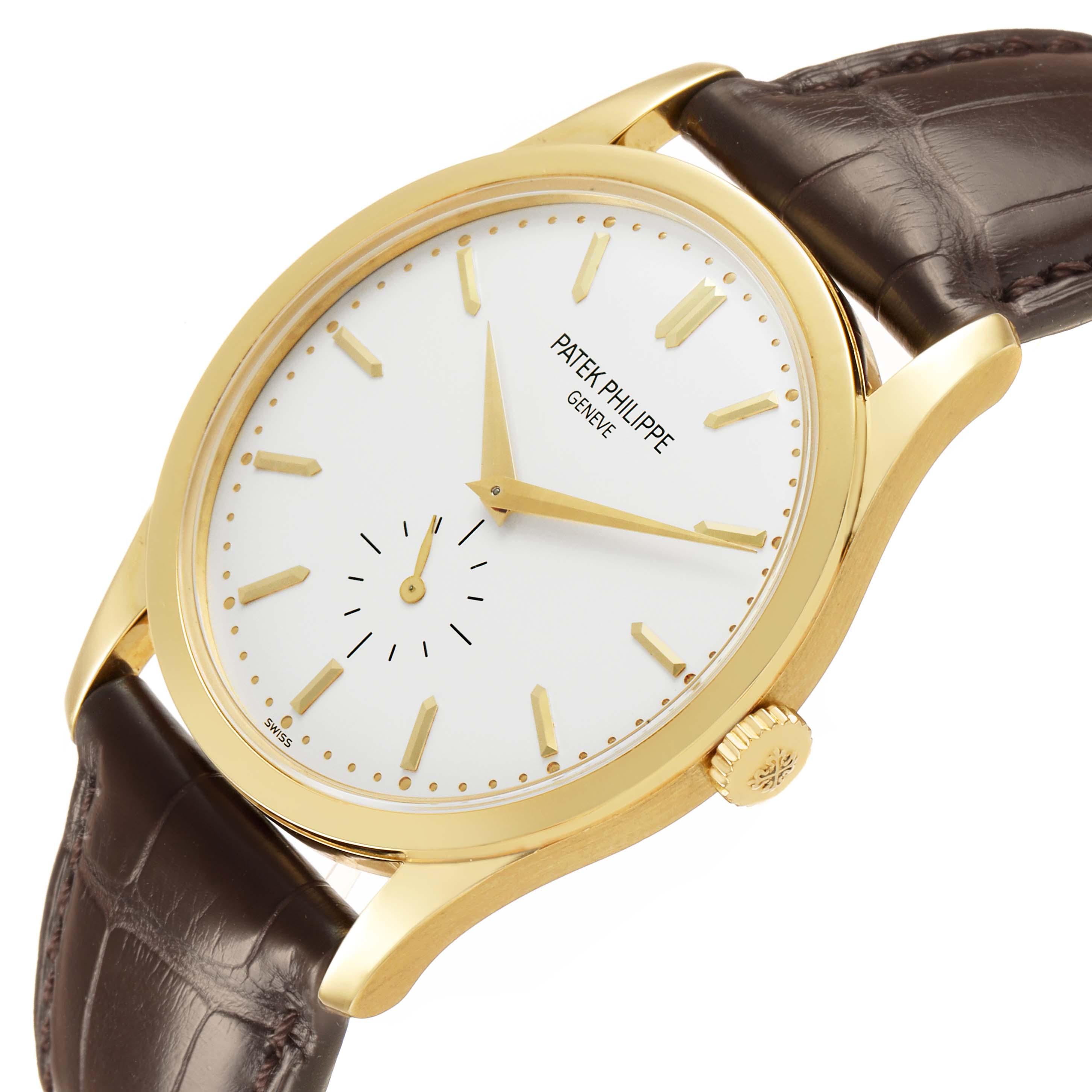 The Patek Philippe Calatrava 5196J Men's Yellow Gold Silver Dial watch is shown at an angle displaying the face, gold case, leather strap, and side crown.