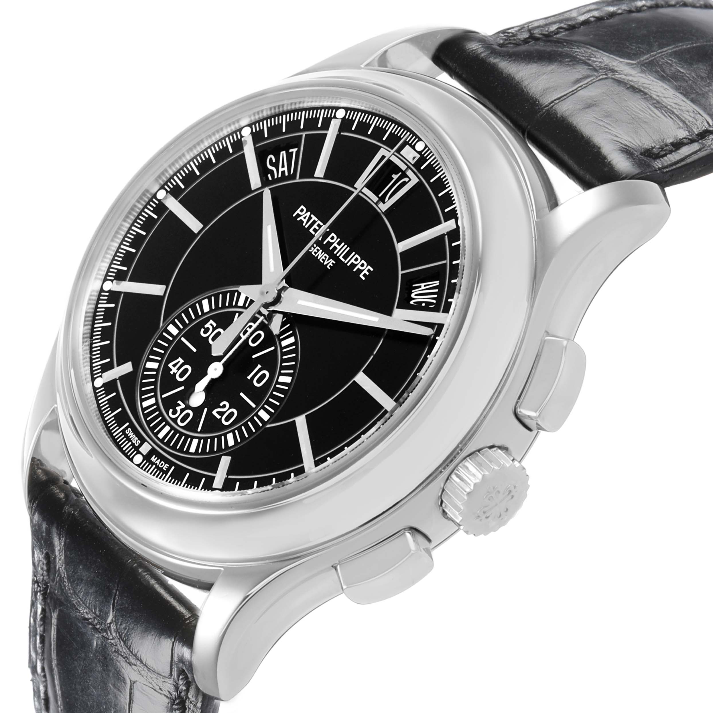 The Patek Philippe Complications 5905 Men's Platinum Black Dial watch is shown from a slight side angle, highlighting the dial, crown, pushers, and black leather strap.