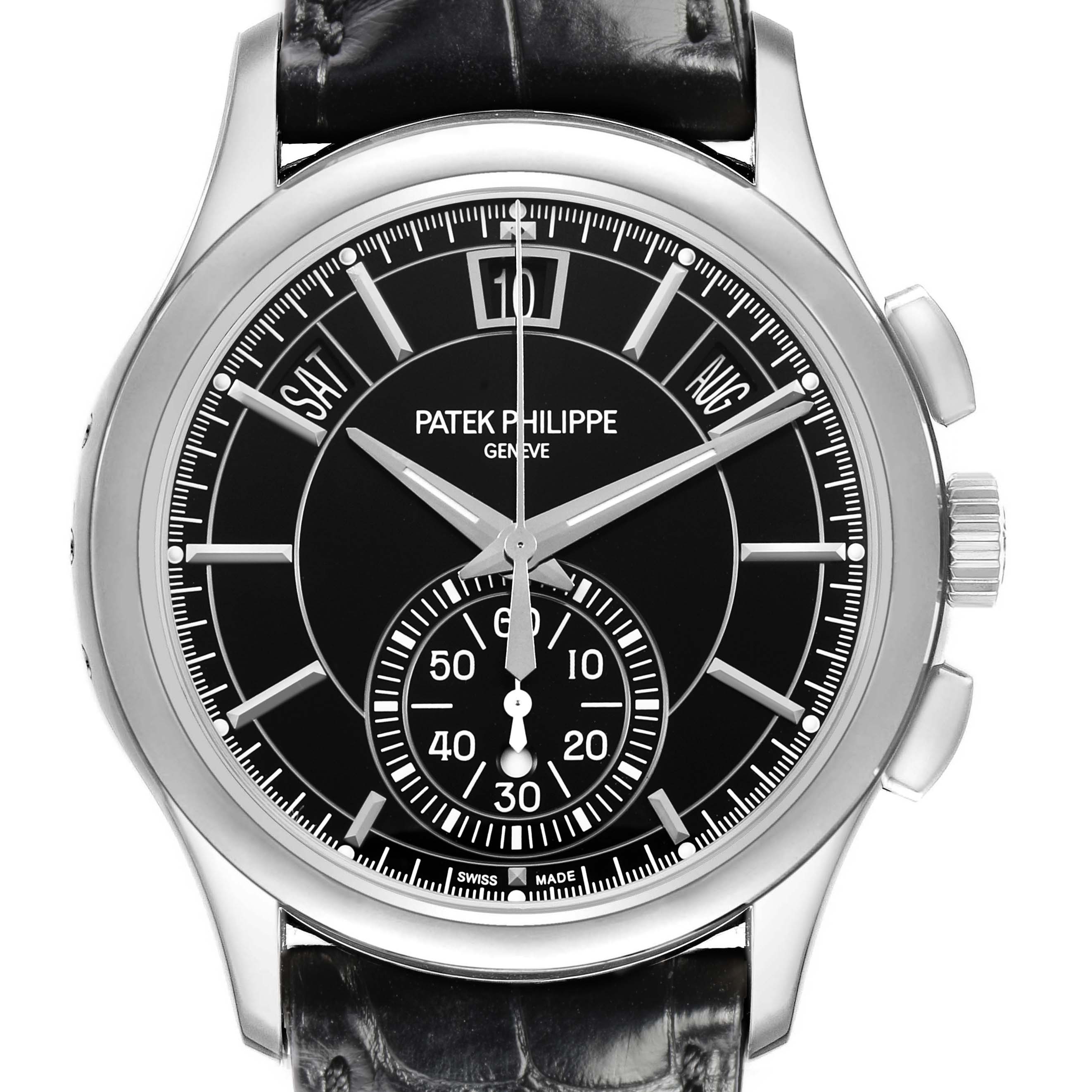 The Patek Philippe Complications 5905 Men's Platinum Black Dial watch is shown from the front, highlighting its dial, subdials, and side pushers.