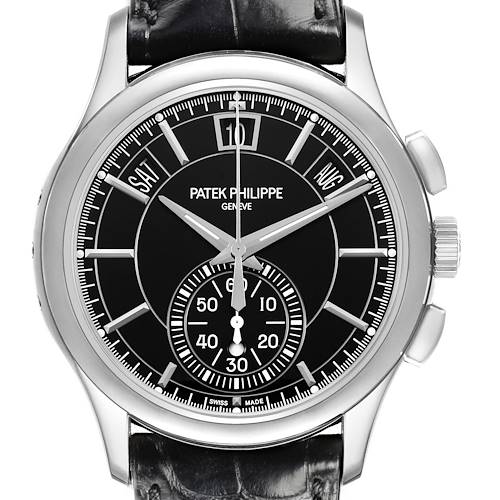 The Patek Philippe Complications 5905 Men's Platinum Black Dial watch is shown from the front, highlighting the dial, hands, and leather strap.