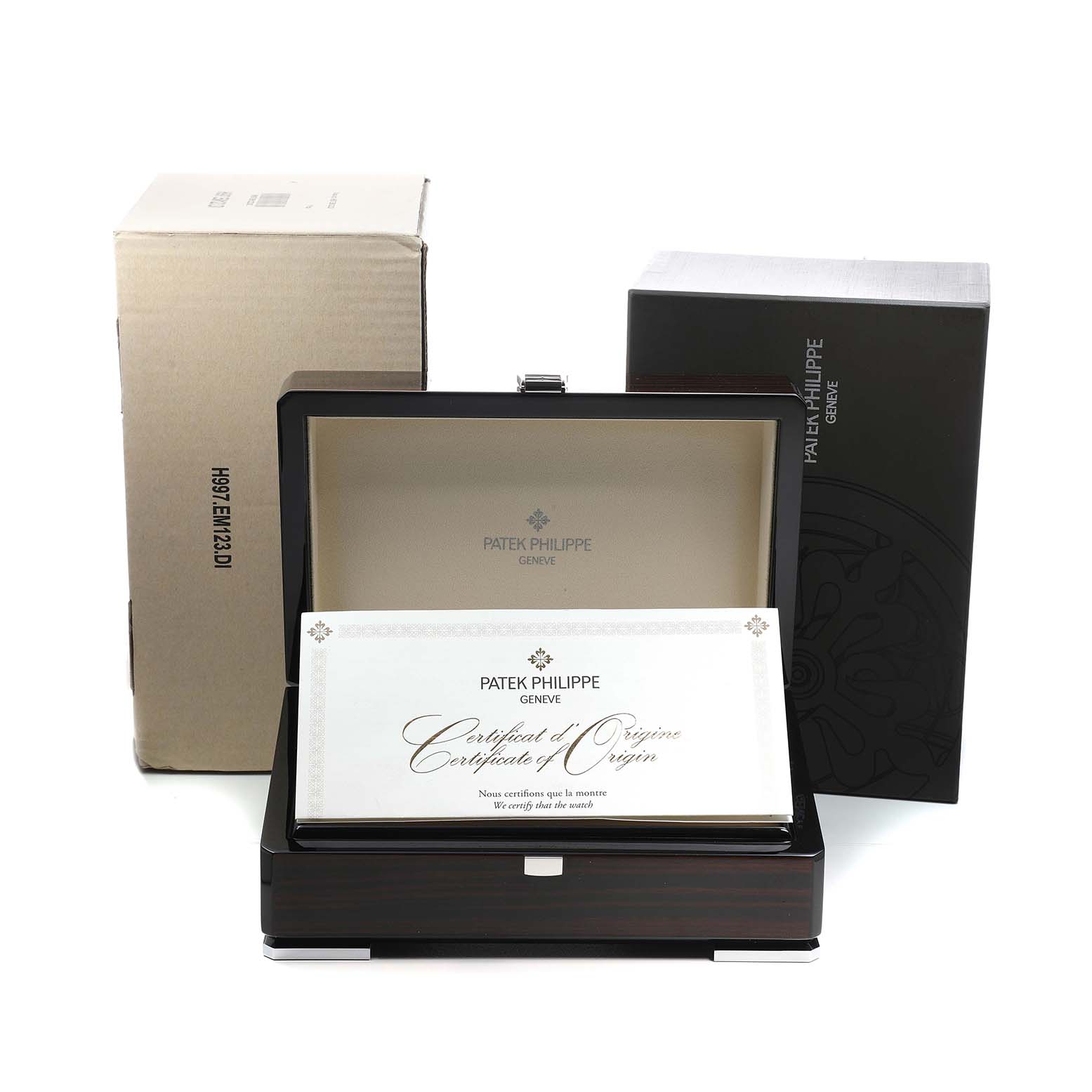 The image shows the packaging for a Patek Philippe Complications 5905 Men's Platinum Black Dial watch, including a box and a Certificate of Origin.