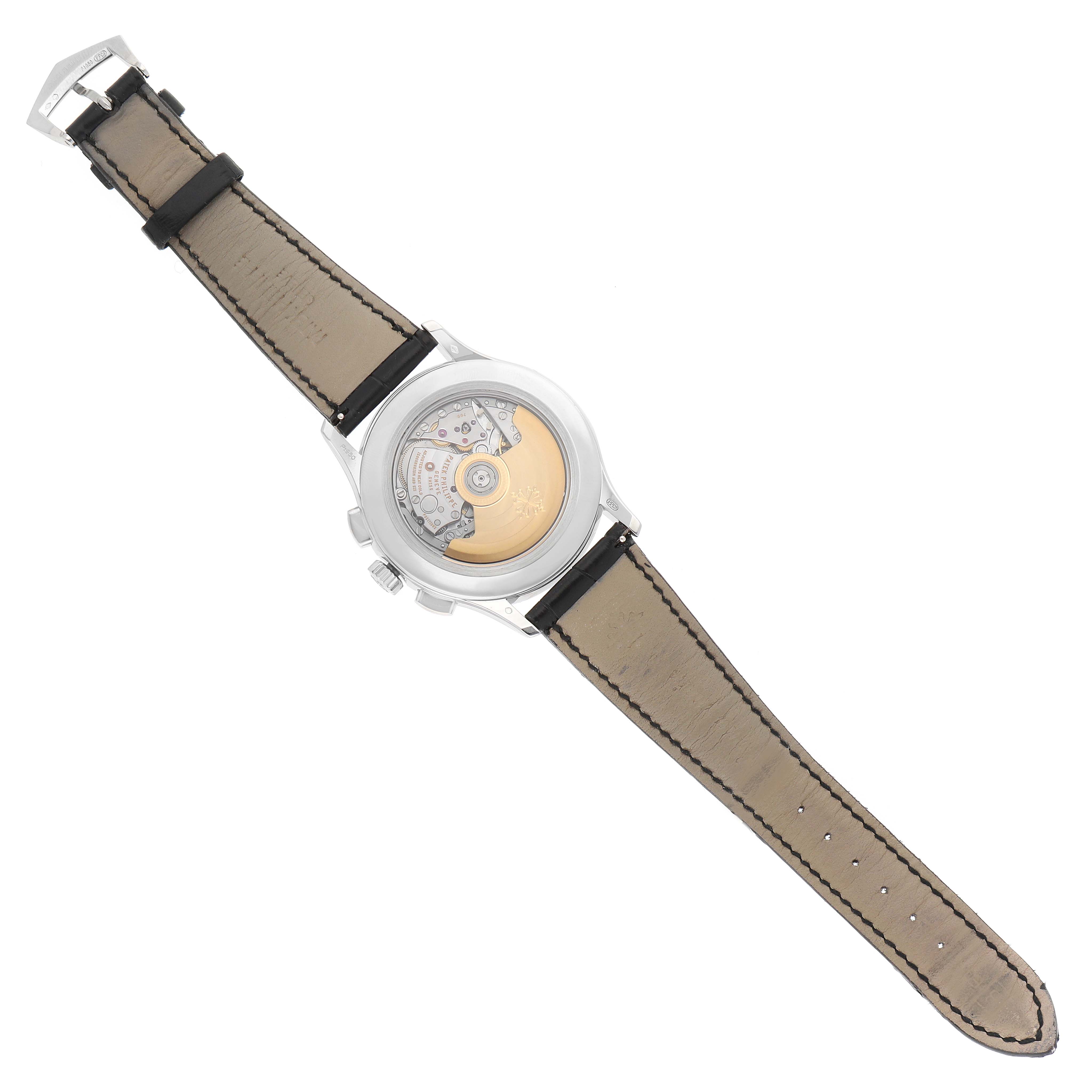 The Patek Philippe Complications 5905 Men's Platinum Black Dial watch is shown from the back, displaying the movement and detailing on the leather strap.