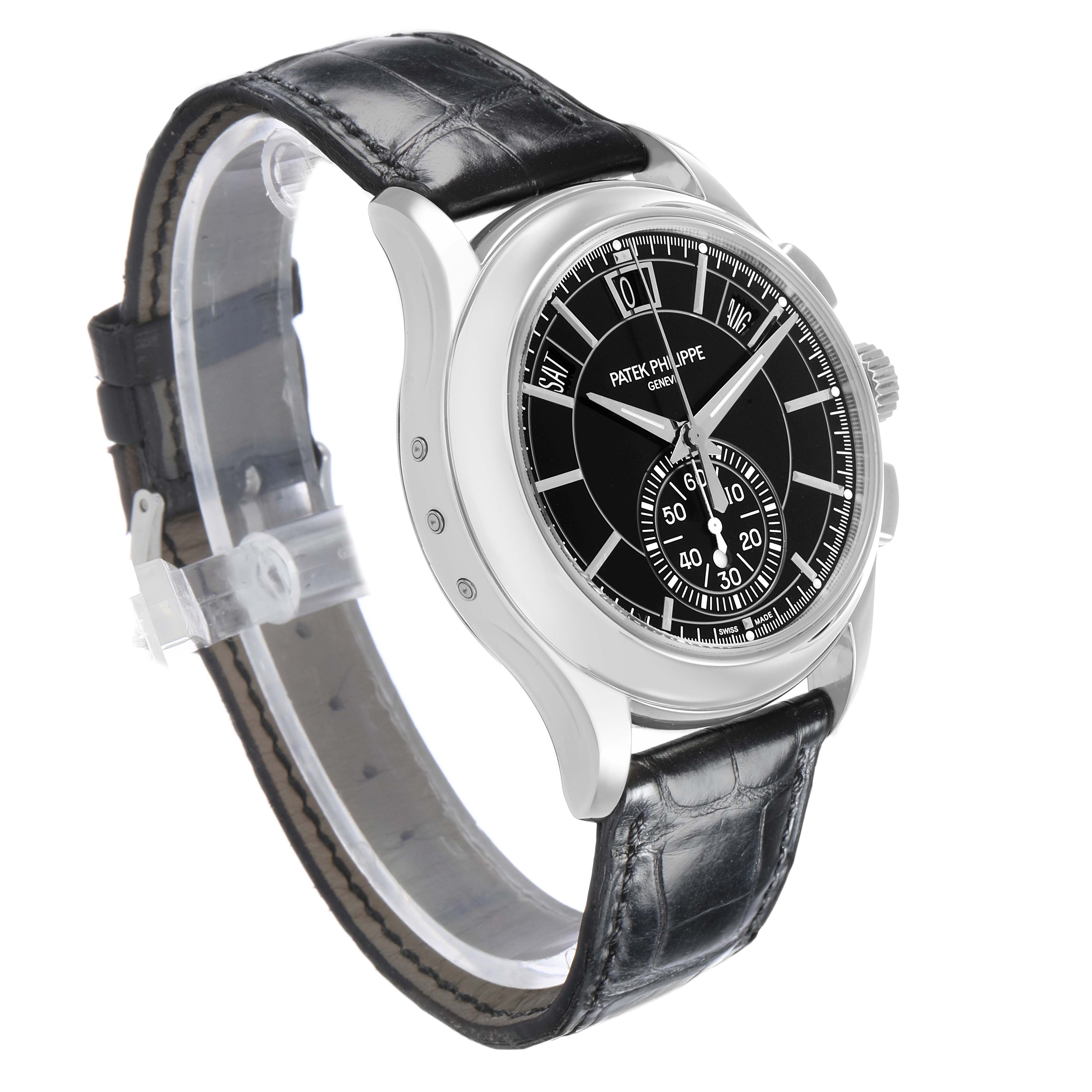 The Patek Philippe Complications 5905 Men's Platinum Black Dial watch is shown at a three-quarter angle, highlighting the dial, case, and leather strap.