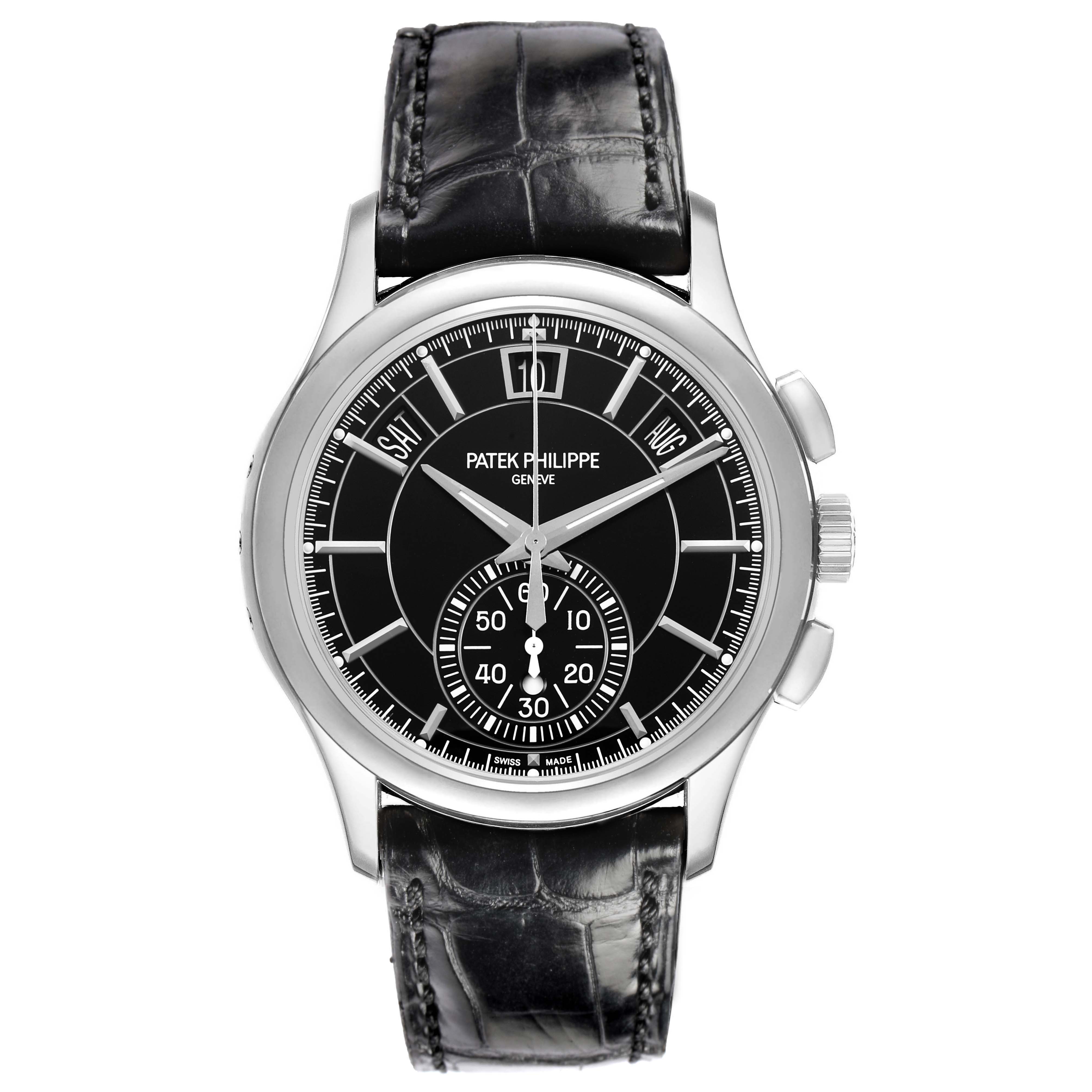 The image shows a Patek Philippe Complications 5905 Men's Platinum Black Dial model from a front angle, displaying its black dial, subdials, and leather strap.