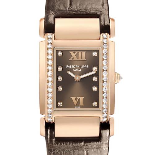 The Patek Philippe Twenty-4 4920R Women's Rose Gold Brown Dial watch is shown from the front, highlighting its rectangular face with diamond accents and Roman numerals.