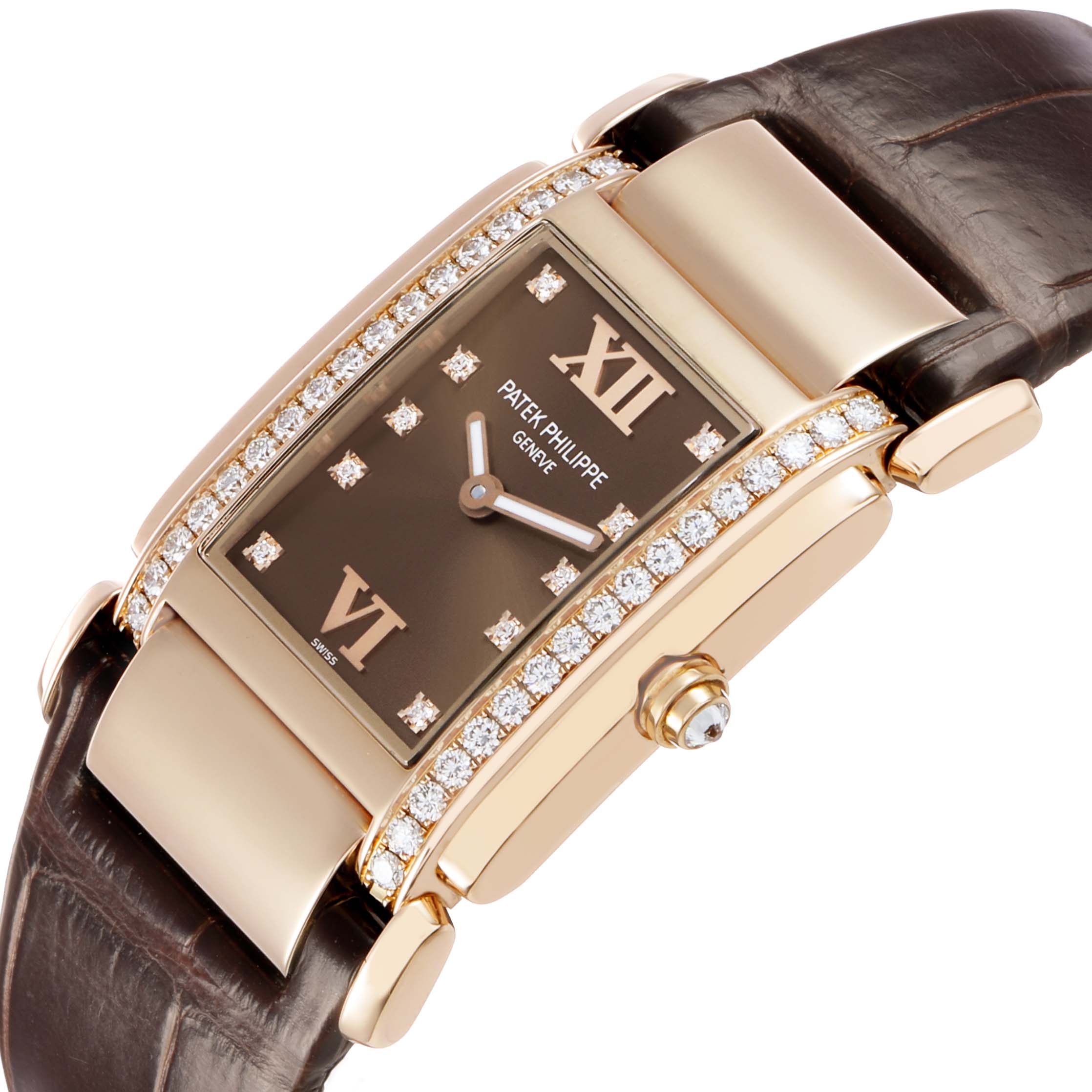 The Patek Philippe Twenty-4 4920R Women's Rose Gold Brown Dial watch is shown at an angle highlighting the diamond-set bracelet, dial, and crown against a brown leather strap.