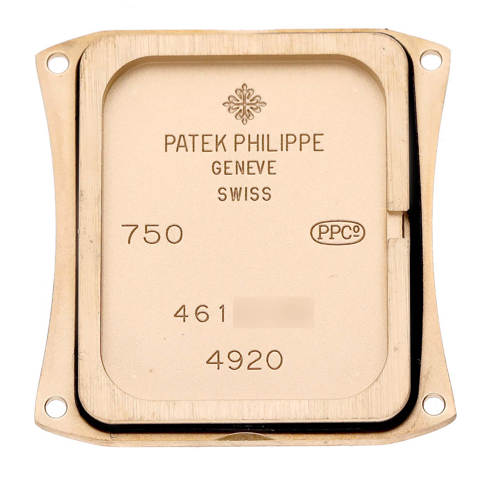 The image shows the back plate of a Patek Philippe Twenty-4 4920R Women's Rose Gold Brown Dial watch, highlighting its engravings and details.