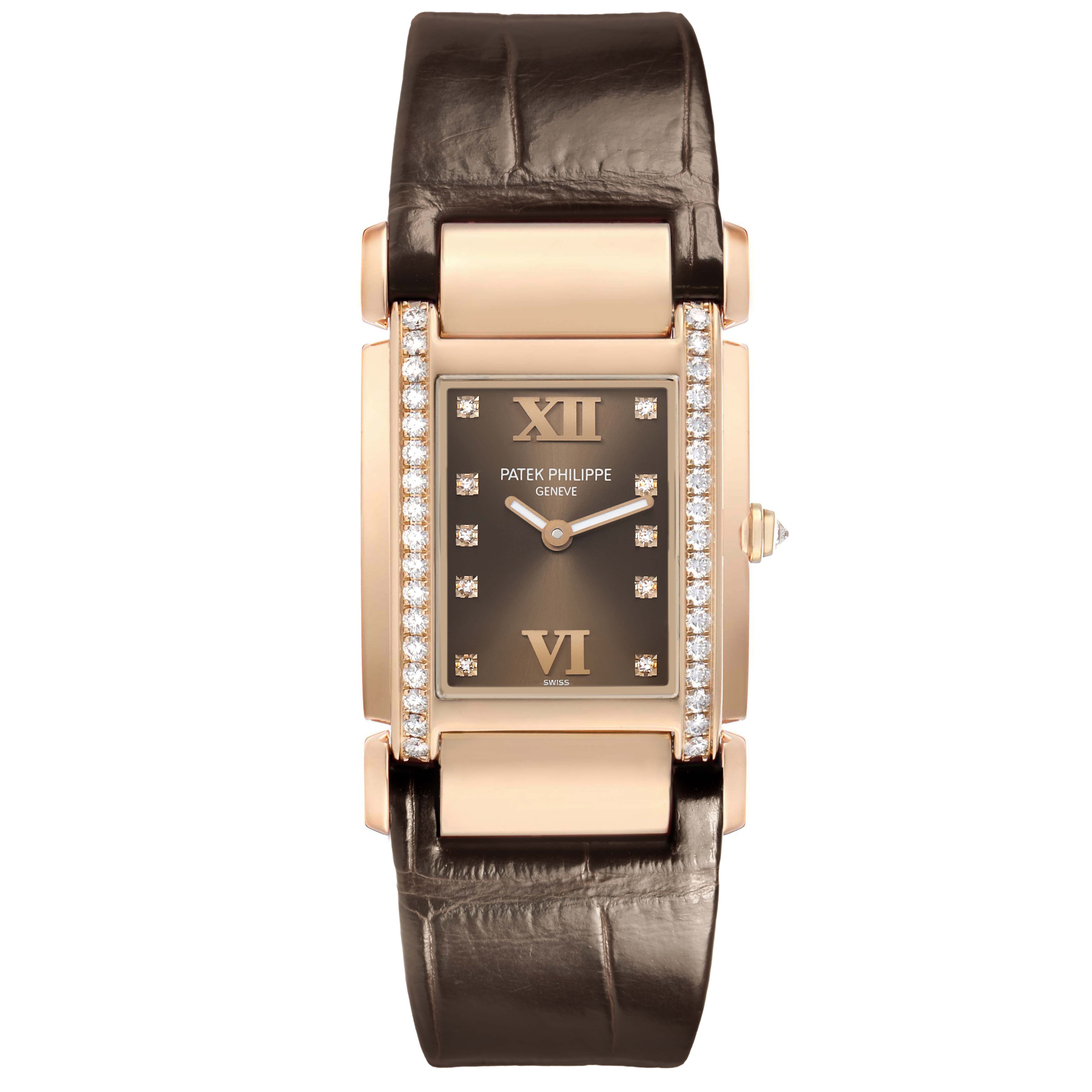 The Patek Philippe Twenty-4 4920R Women's Rose Gold Brown Dial watch is shown from a top view, highlighting the face, leather strap, and diamond accents.
