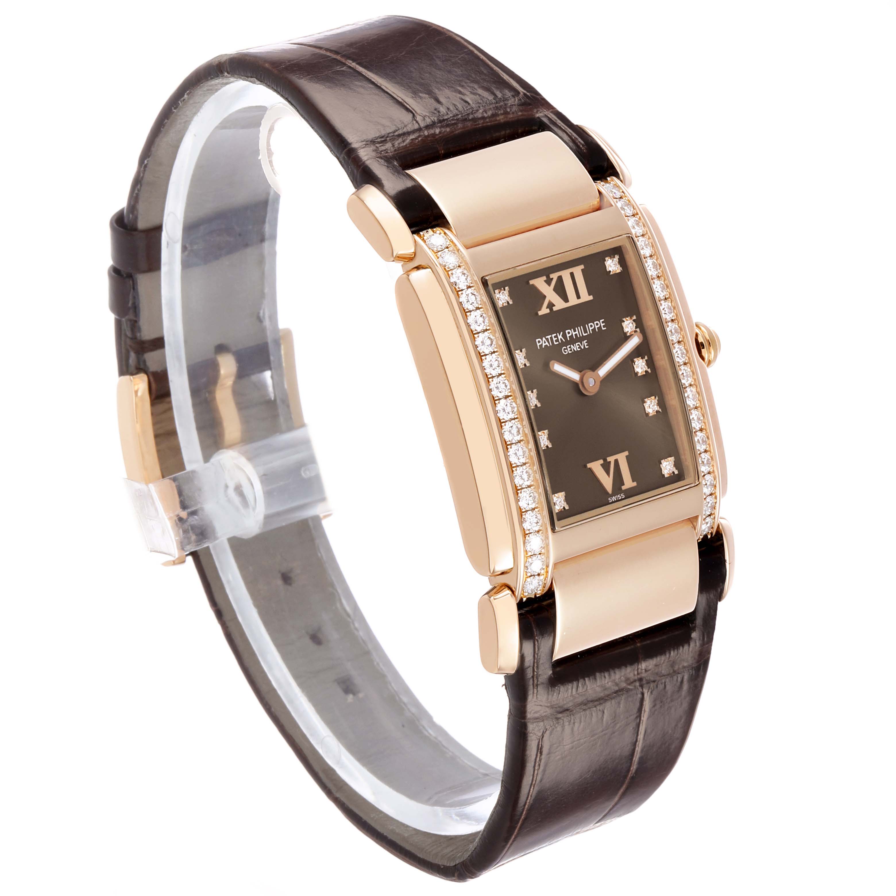 The Patek Philippe Twenty-4 4920R Women's Rose Gold Brown Dial watch is shown at a three-quarter angle, highlighting its rectangular face, diamond bezel, and leather strap.