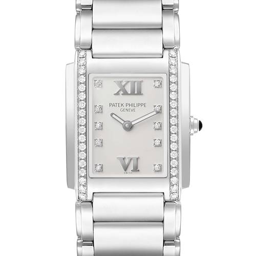 The Patek Philippe Twenty-4 4910 Women's Stainless Steel Silver Dial watch is shown from the front, displaying its face, bracelet, and diamond details.