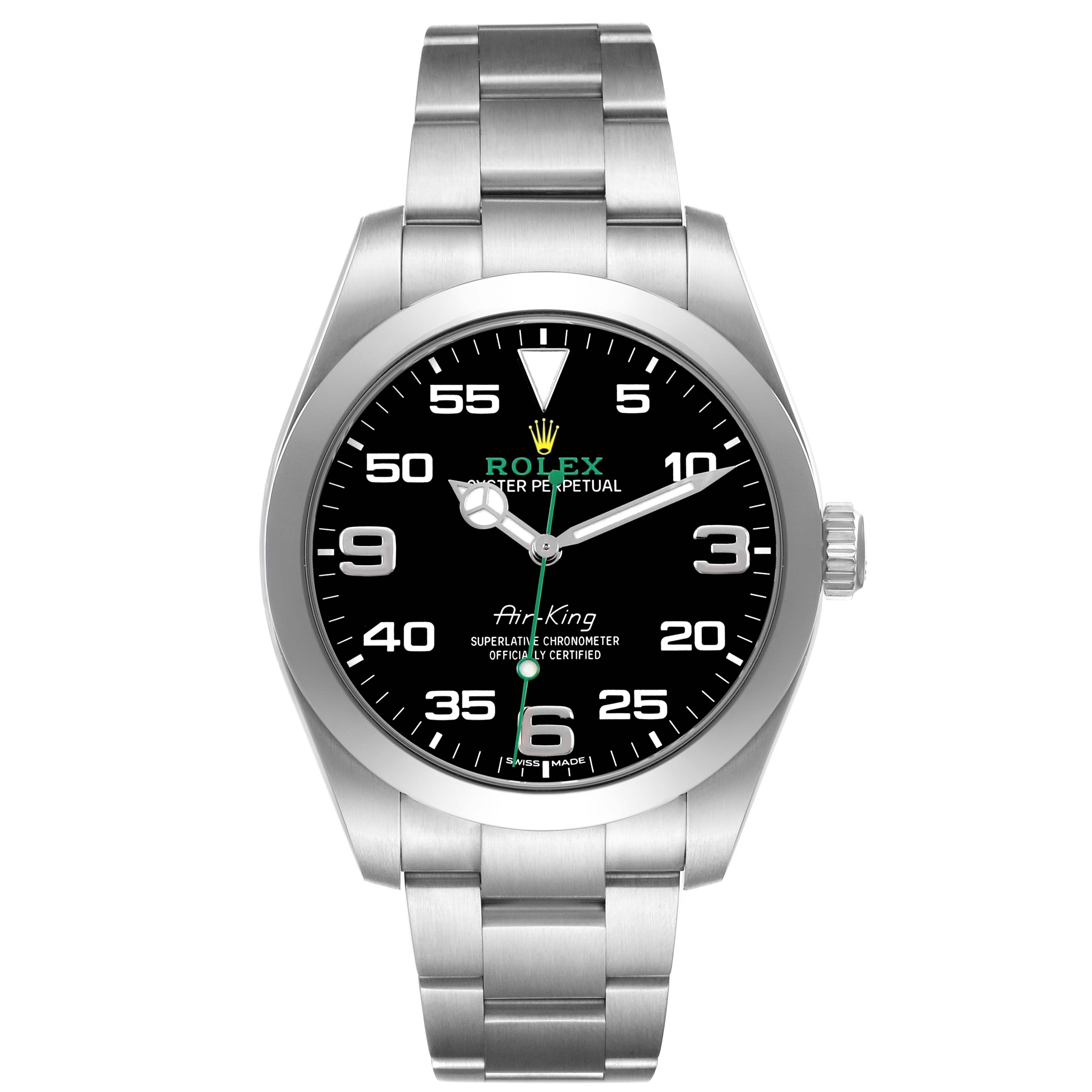 The Rolex Air-King 116900 Men's Stainless Steel Black Dial watch is shown from the front, displaying the face, case, bezel, and bracelet clearly.