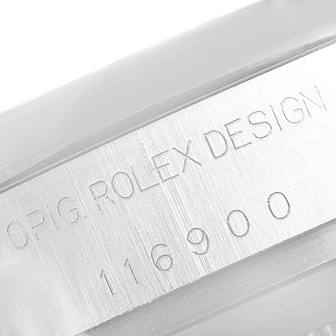 The image shows a close-up of the side engraving on the casing of a Rolex Air-King 116900 Men's Stainless Steel Black Dial watch, featuring the model number 116900.