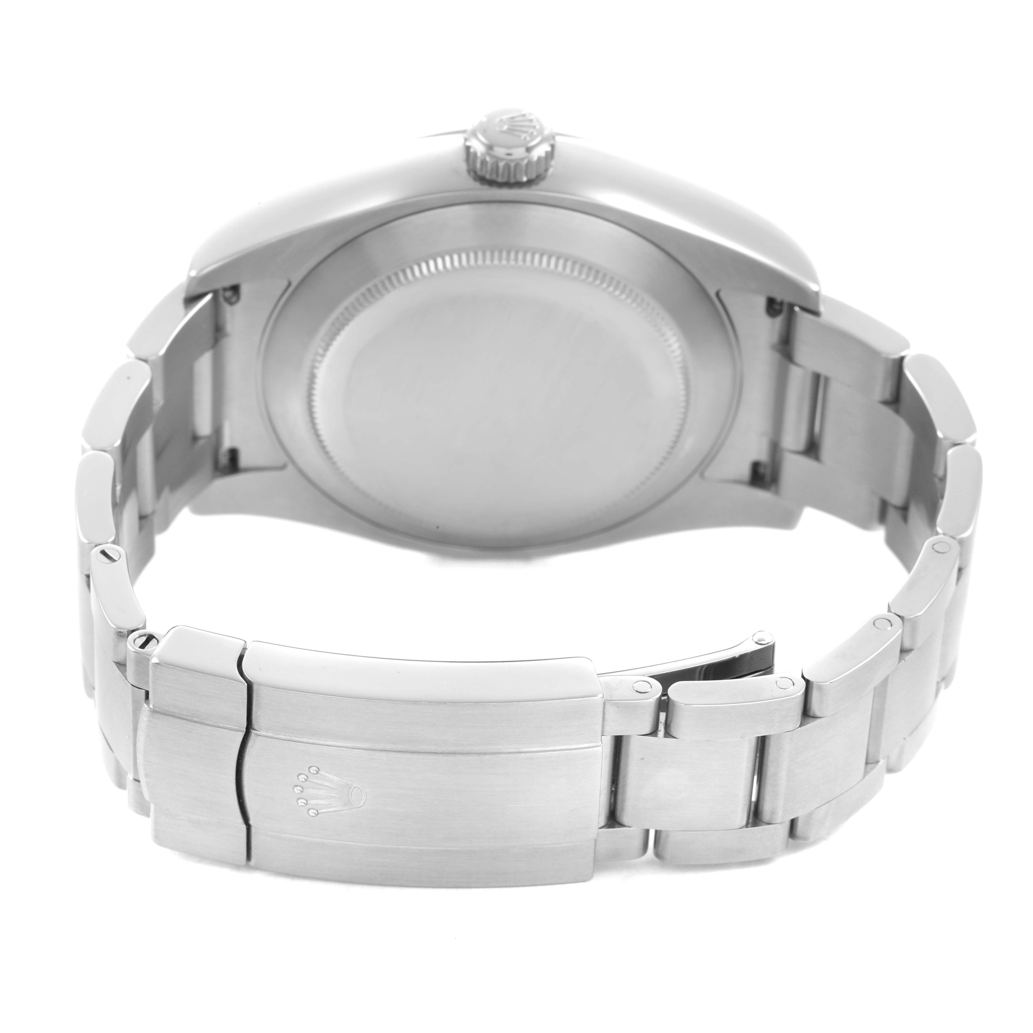 The image shows the back of a Rolex Air-King 116900 Men's Stainless Steel Black Dial watch, highlighting the case back and clasp of the bracelet.