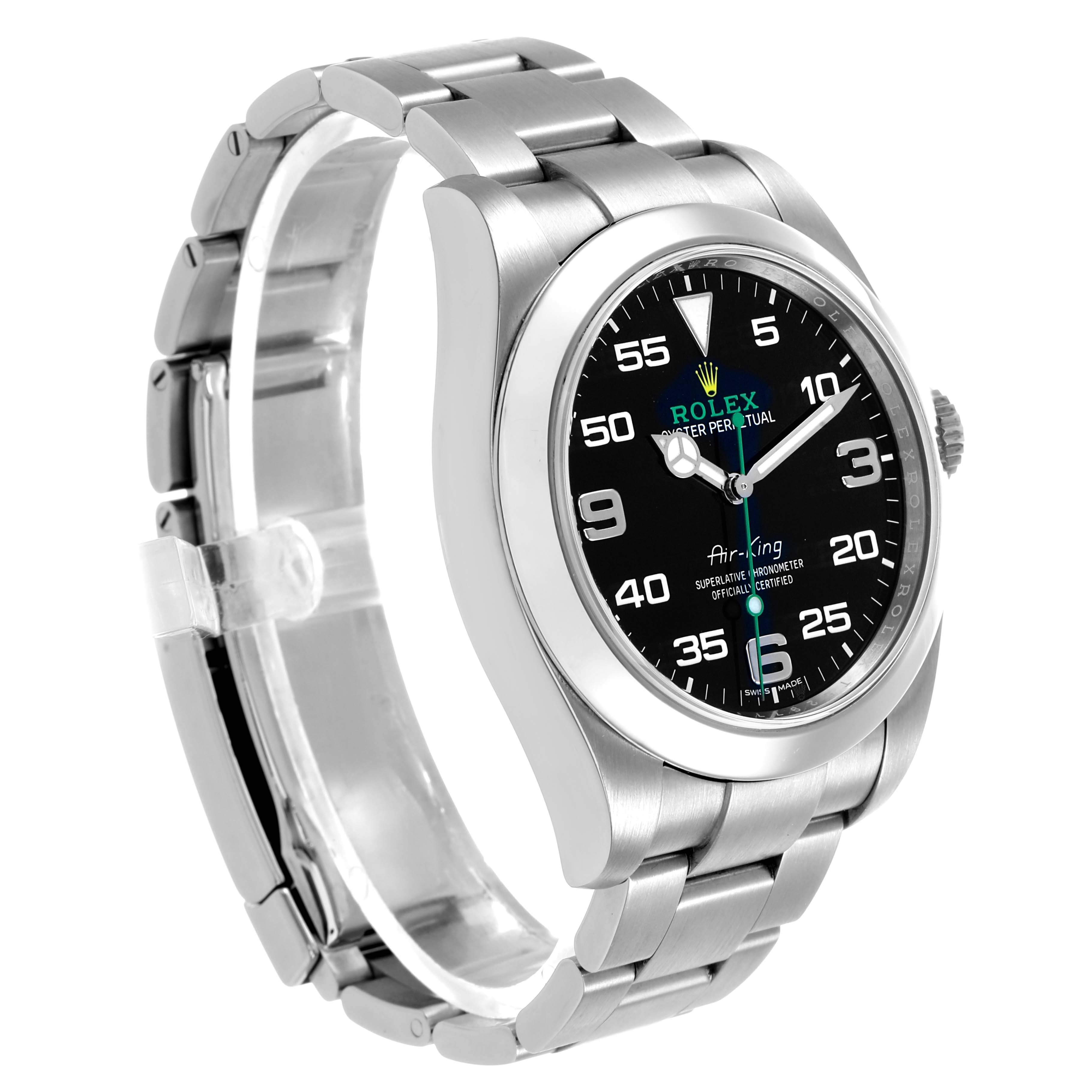 The Rolex Air-King 116900 Men's Stainless Steel Black Dial watch is shown at a side angle, displaying the face, bezel, crown, and bracelet.