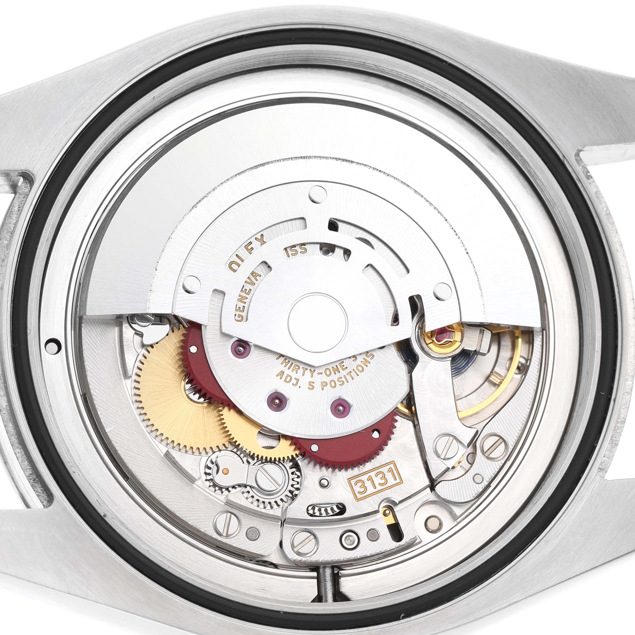The image shows the movement of a Rolex Air-King 116900 Men's Stainless Steel Black Dial watch from a top-down view, focusing on its internal mechanical components.