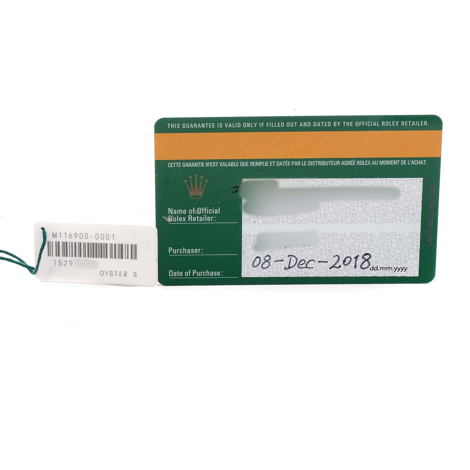 The image shows a warranty card and tag for a Rolex Air-King 116900 Men's Stainless Steel Black Dial, viewed from above.