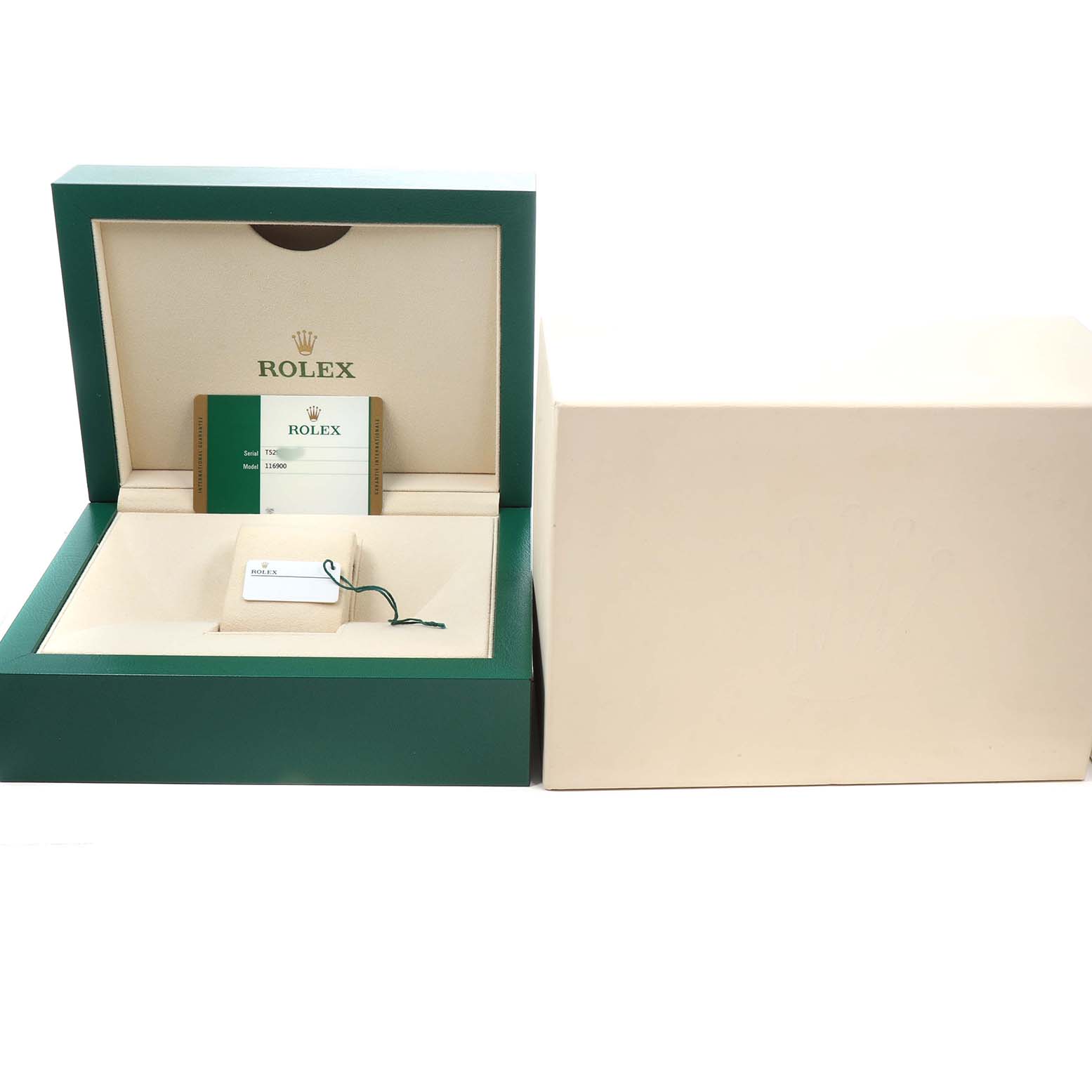 The image shows the box, card, and tag for a Rolex Air-King 116900 Men's Stainless Steel Black Dial, but the watch itself is not visible.
